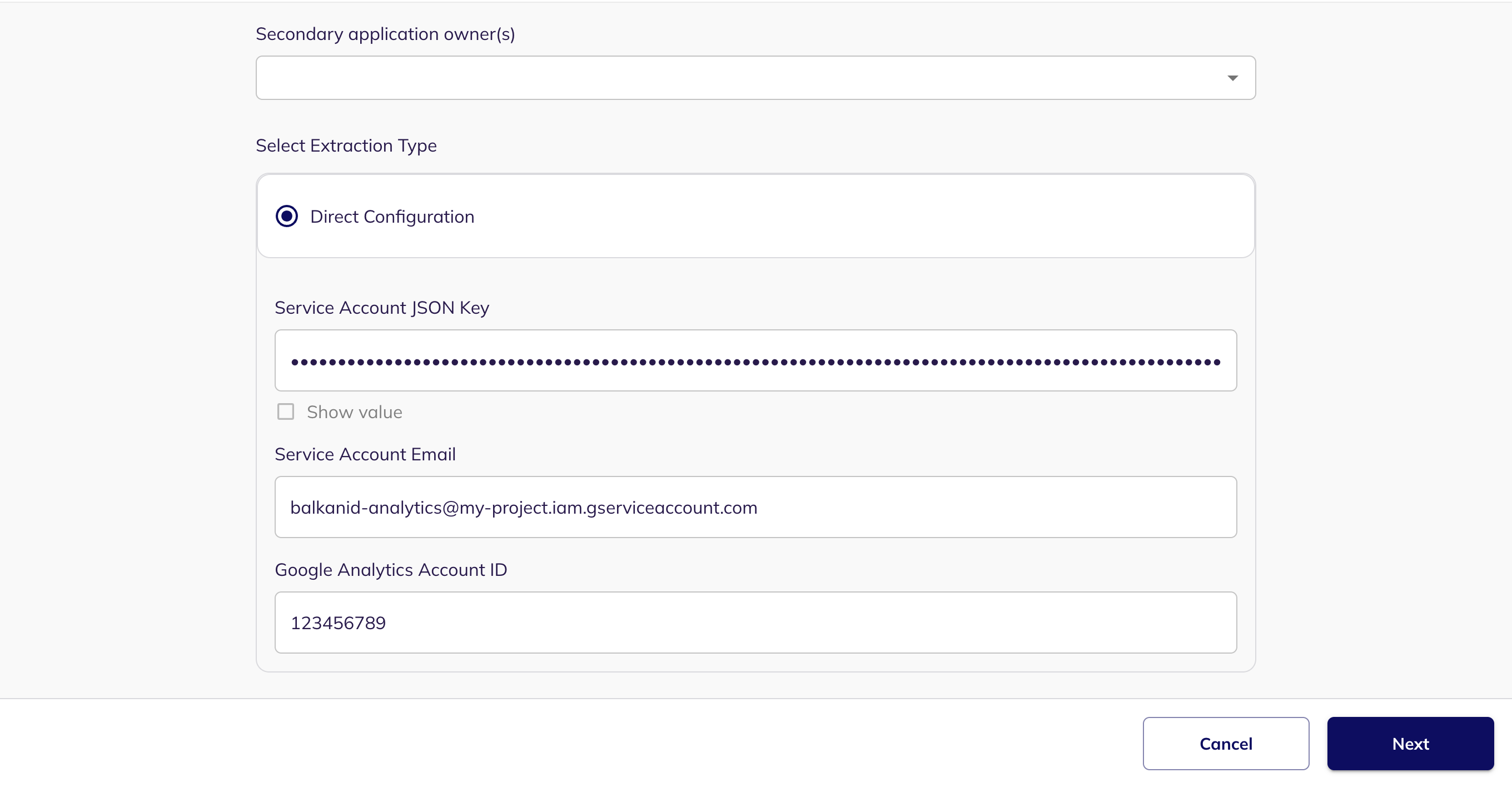 The Direct Configuration fields for Google Analytics