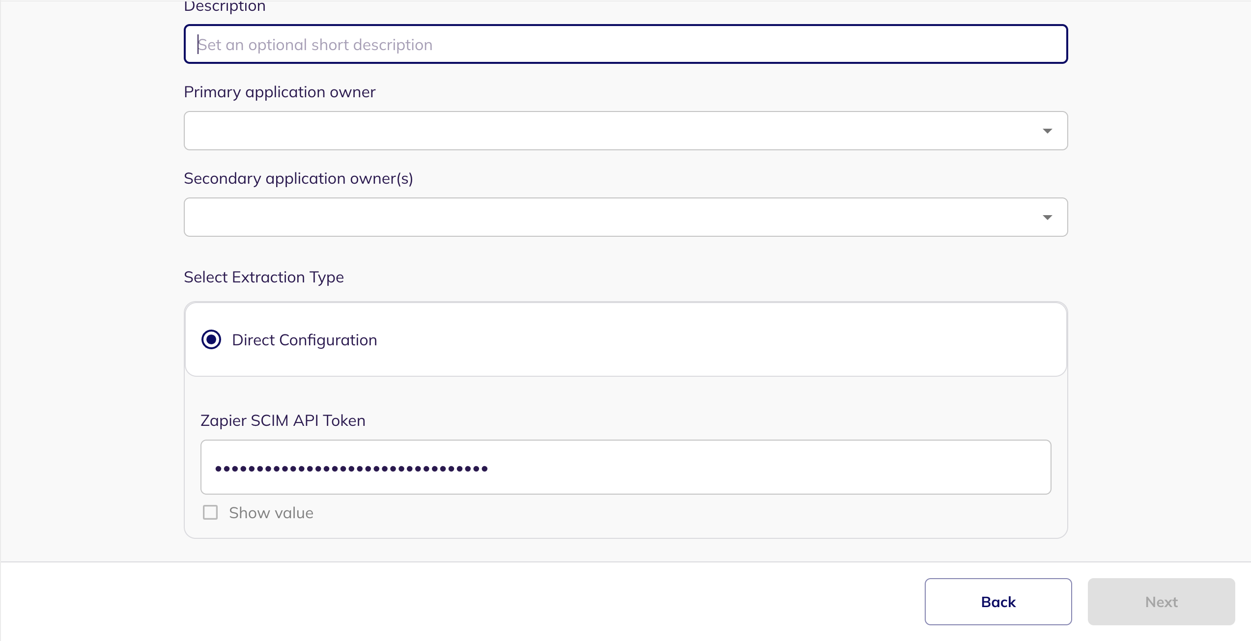 The Direct Configuration extraction type with the Zapier SCIM API Token field