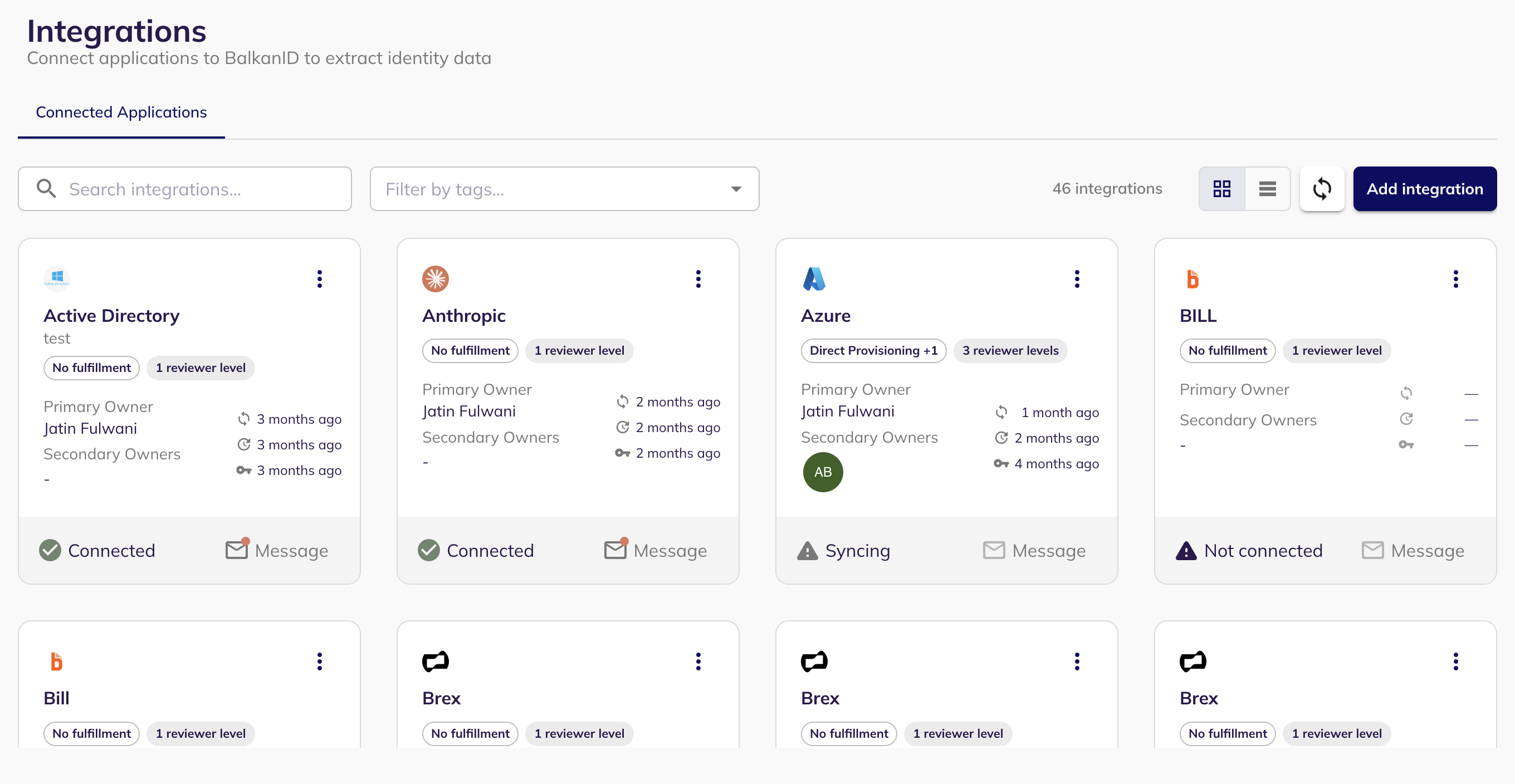 The BalkanID Integrations page with the Add integration button in the top right