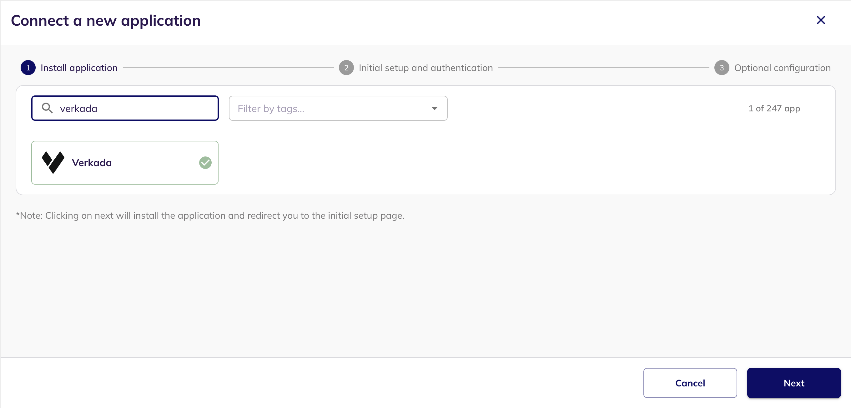 The Connect a new application step with Verkada searched for and selected
