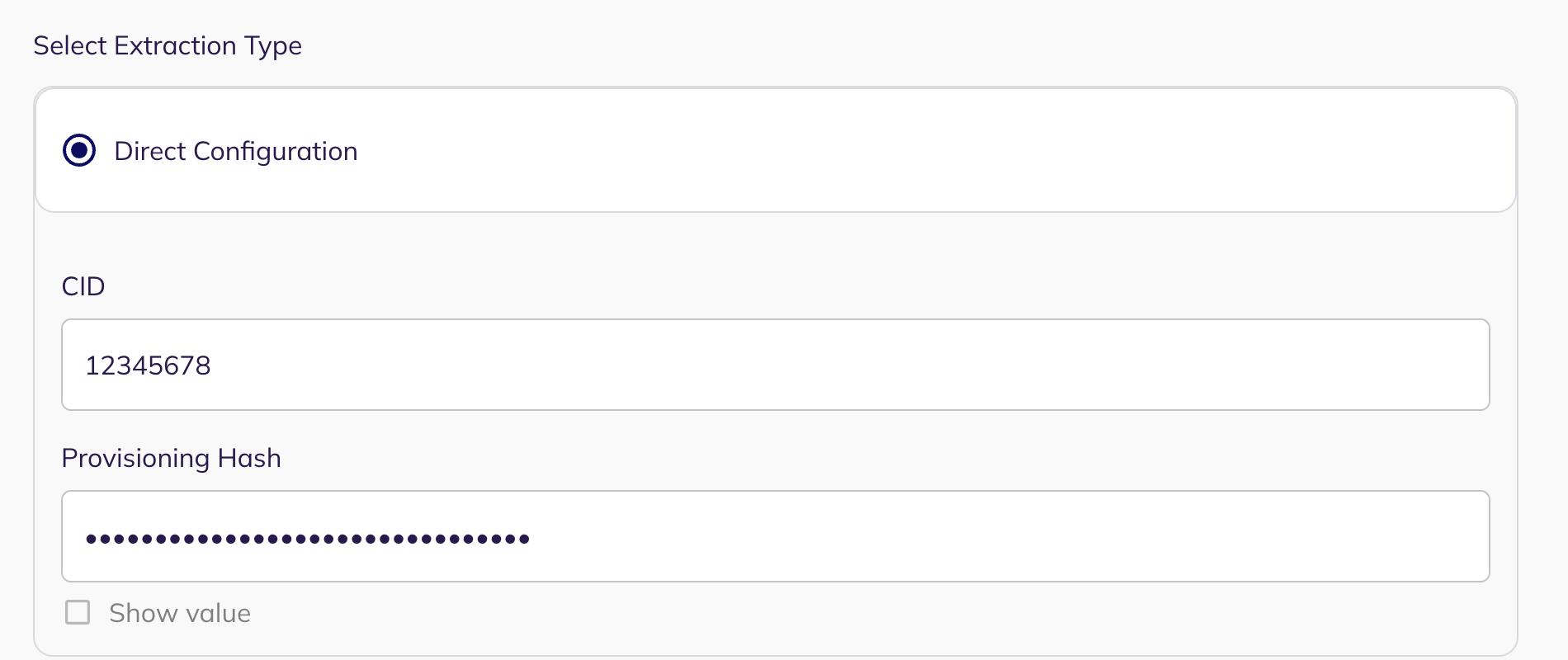 The Direct Configuration section showing the CID and Provisioning Hash fields
