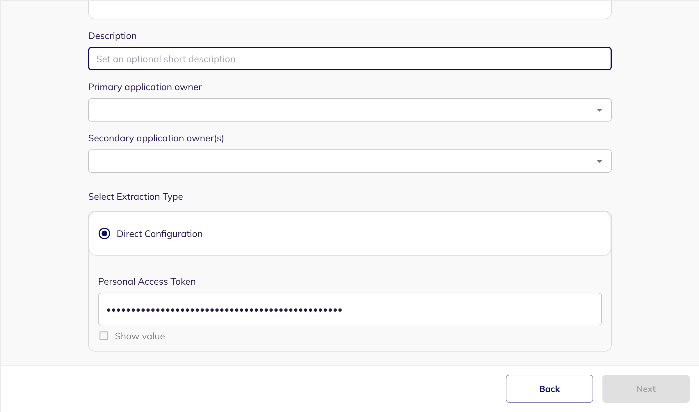 The Direct Configuration section showing the Personal Access Token field