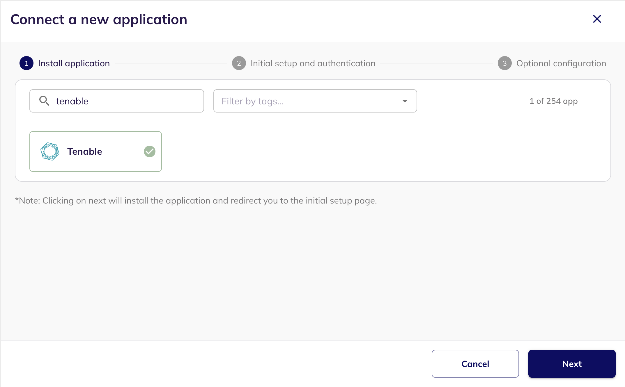 The Connect a new application step with Tenable searched for and selected