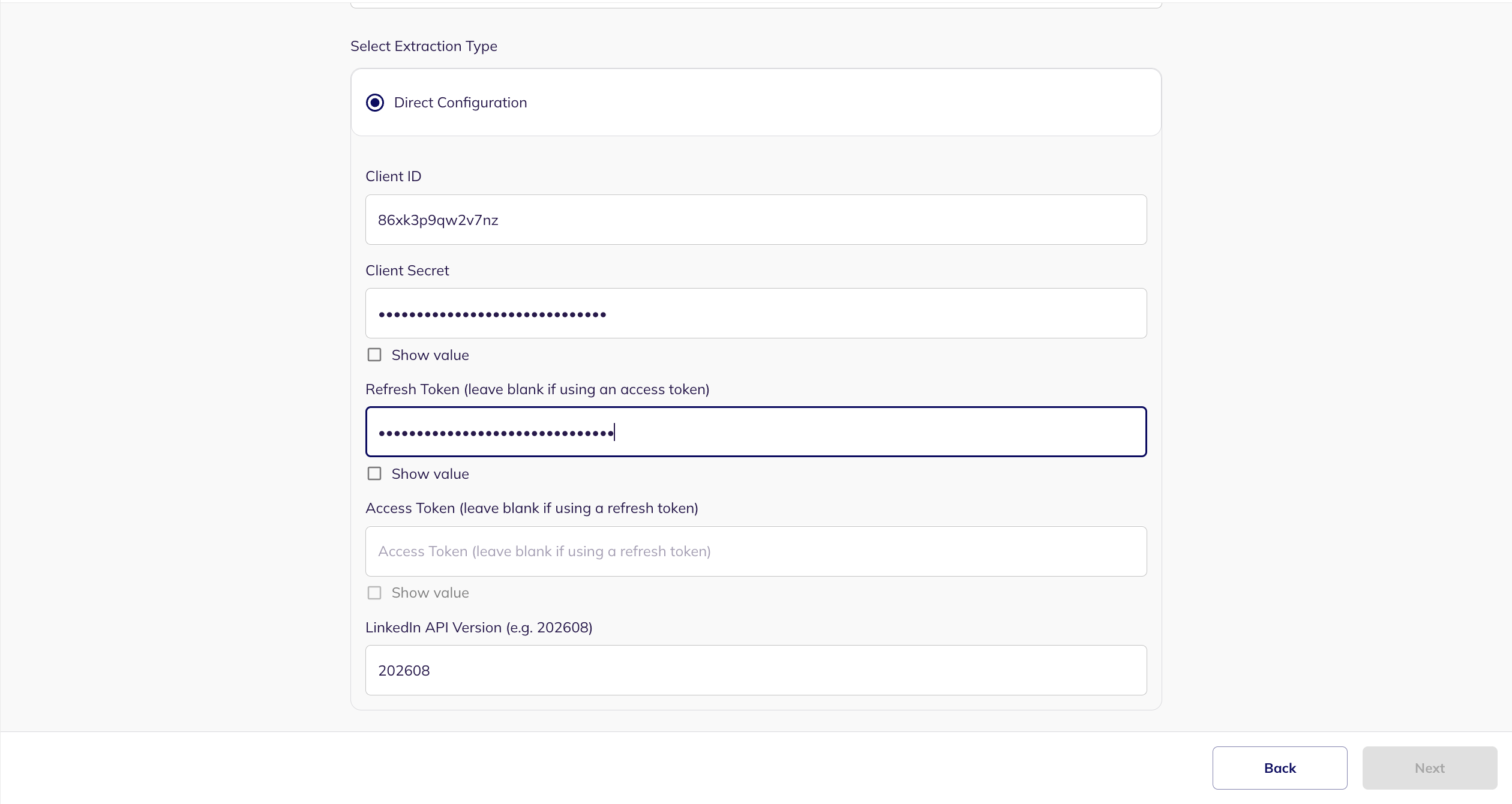 The Direct Configuration fields for LinkedIn, with the client ID, client secret, refresh token, access token and API version