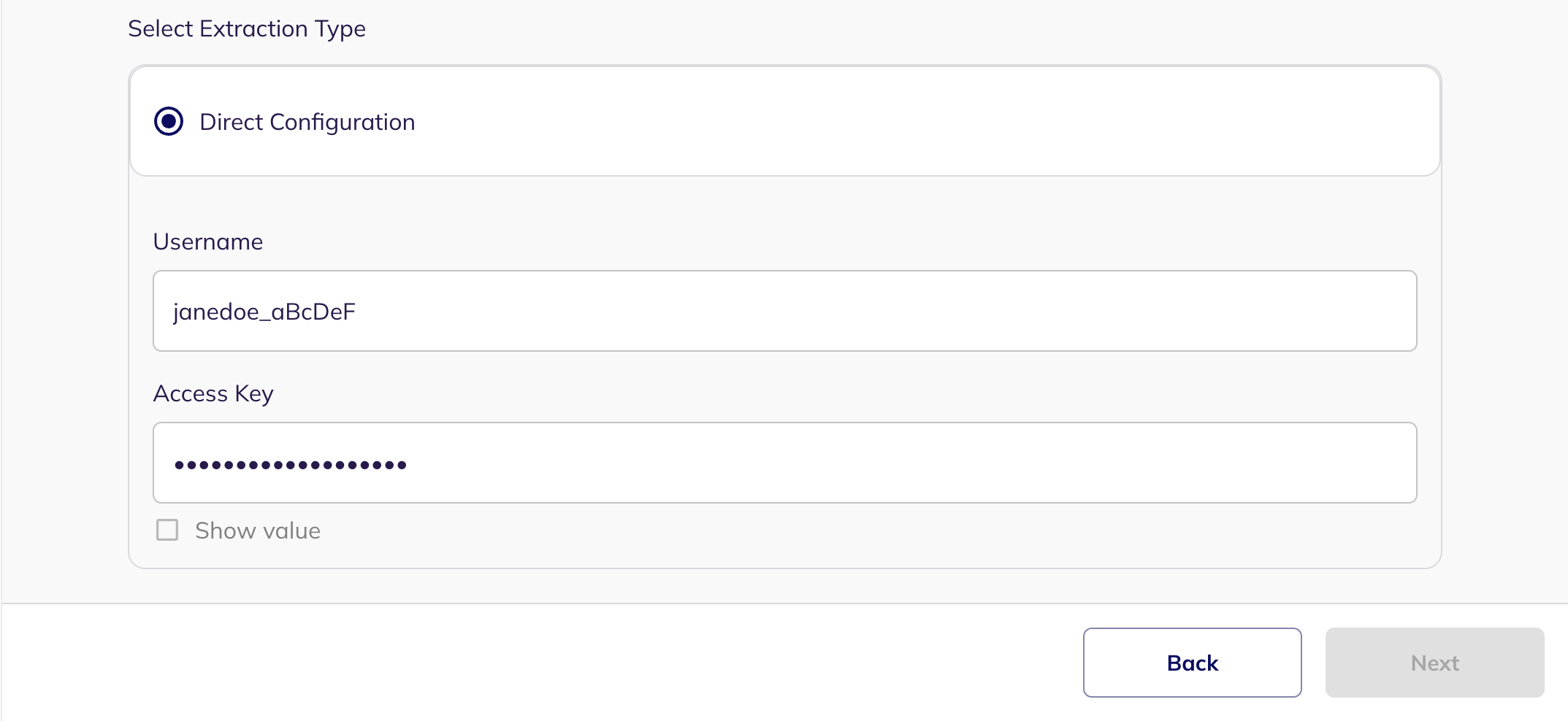 The Direct Configuration step showing the Username and Access Key fields