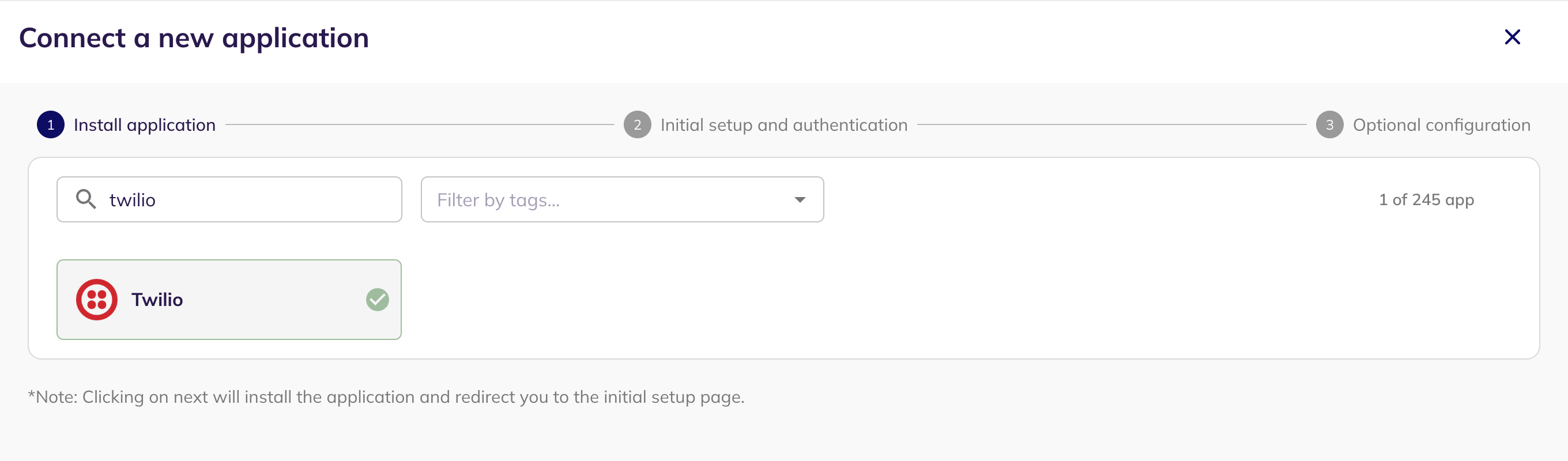 Twilio selected in the Connect a new application step