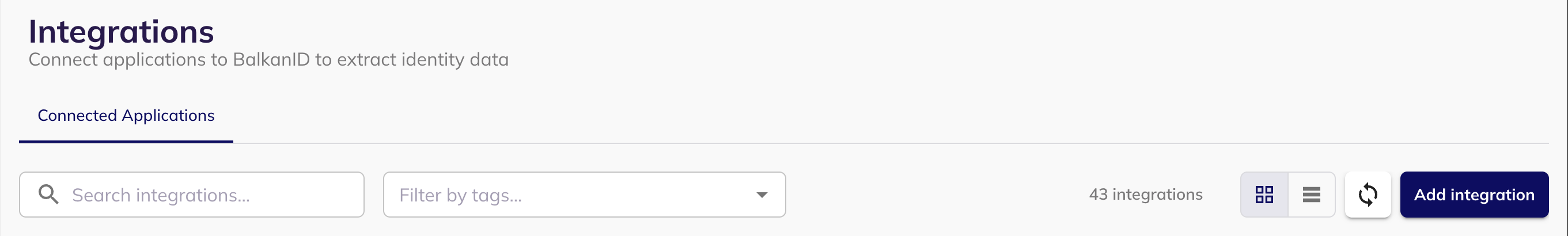 The BalkanID Integrations page, with the Add integration button in the top right of the toolbar