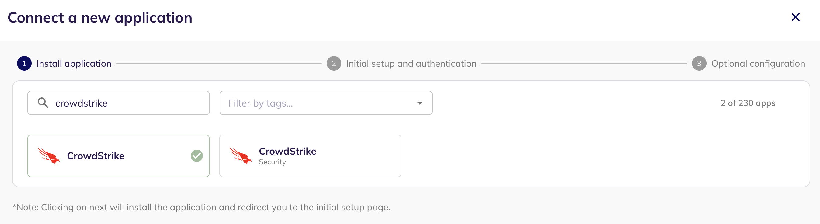 Step one of the Connect a new application wizard with CrowdStrike searched for and selected