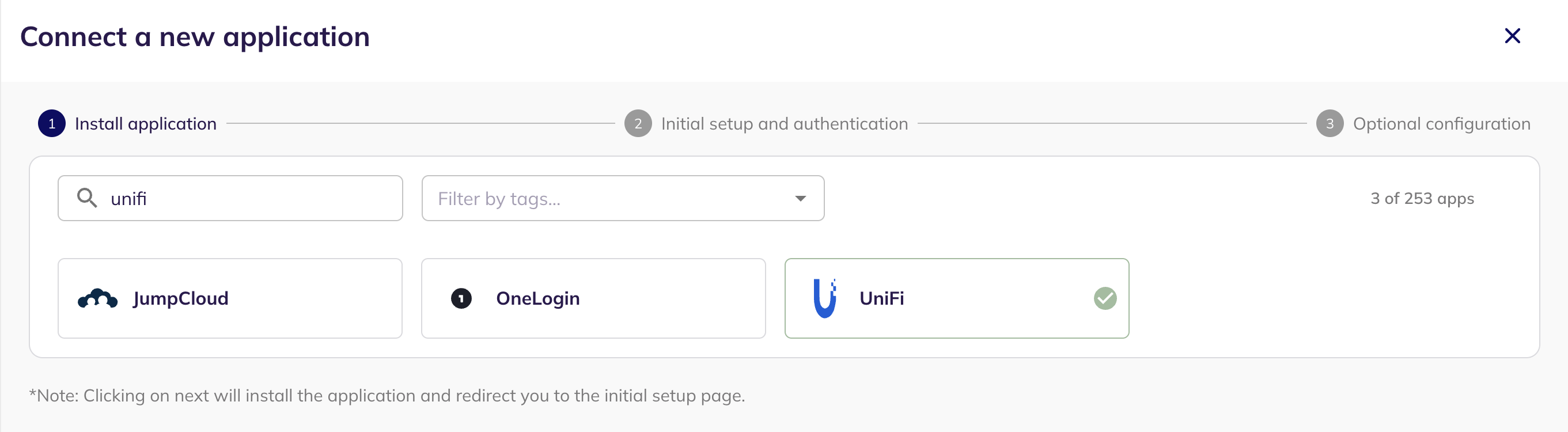 The Connect a new application step with UniFi searched for and selected, showing a check mark on the UniFi card.