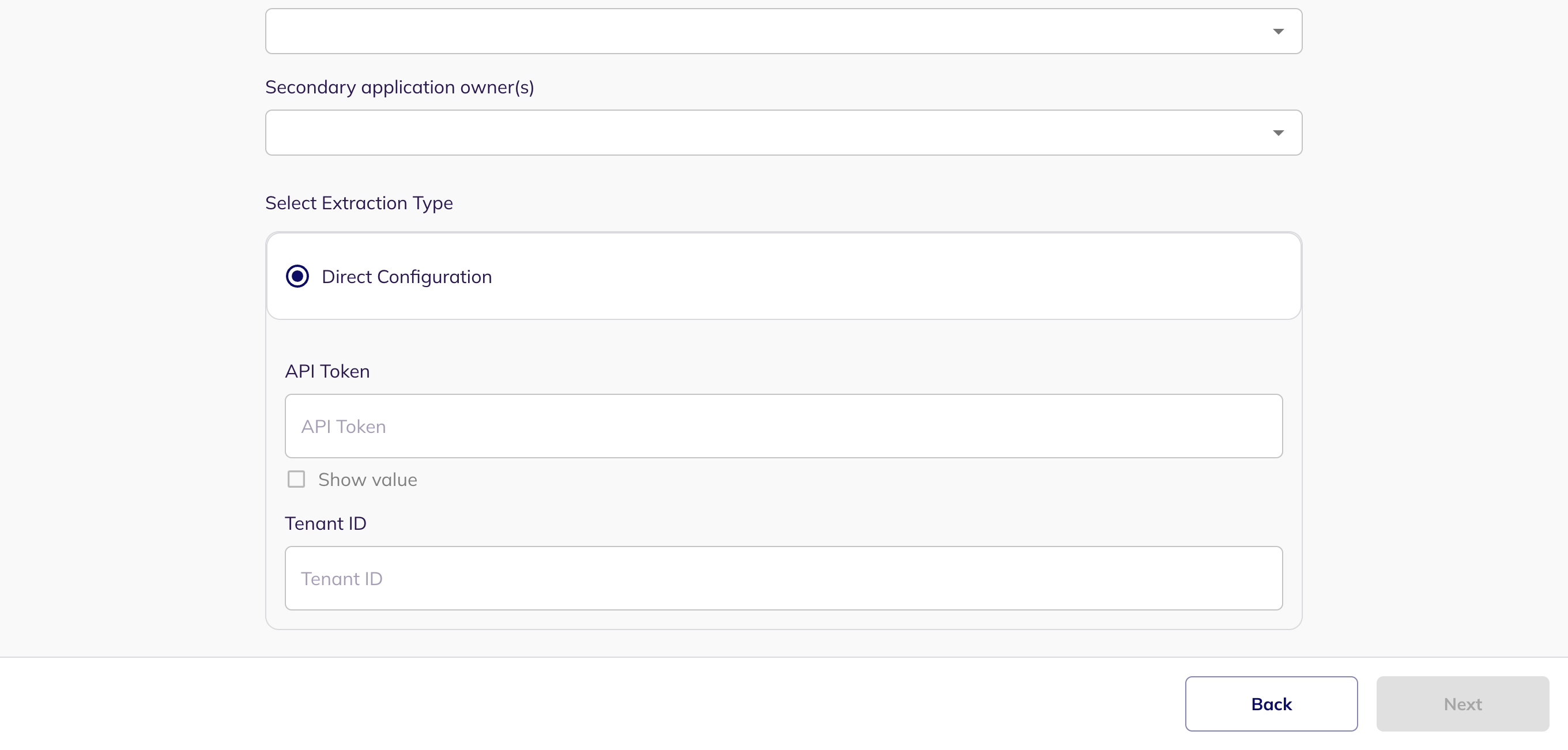 The Direct Configuration section showing the API Token and Tenant ID fields