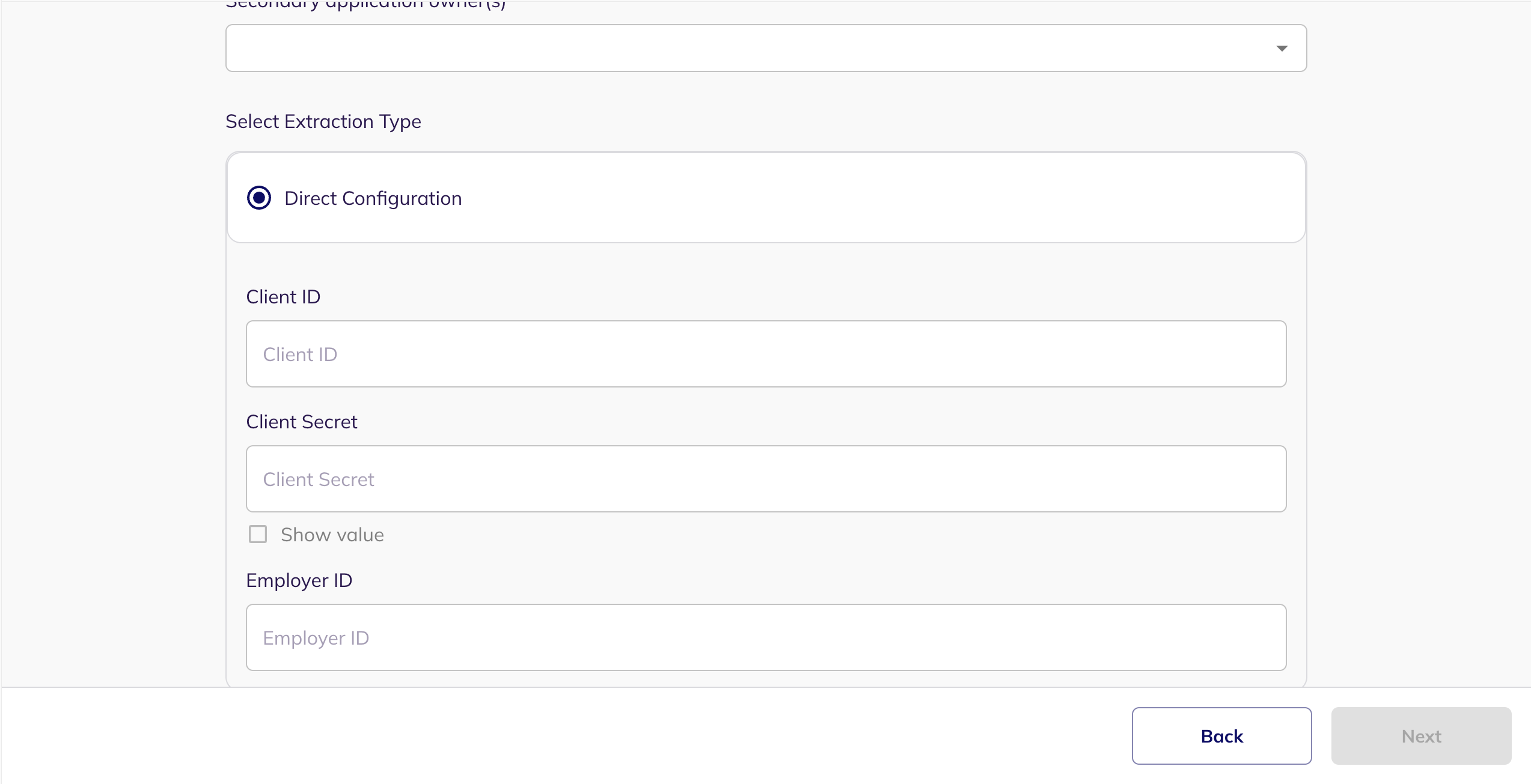The Direct Configuration fields for Client ID, Client Secret and Employer ID