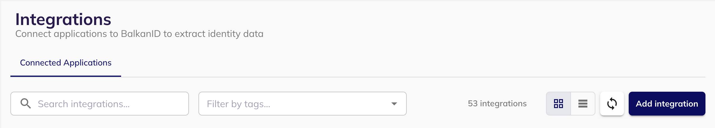 The BalkanID Integrations page with the Add integration button in the top right