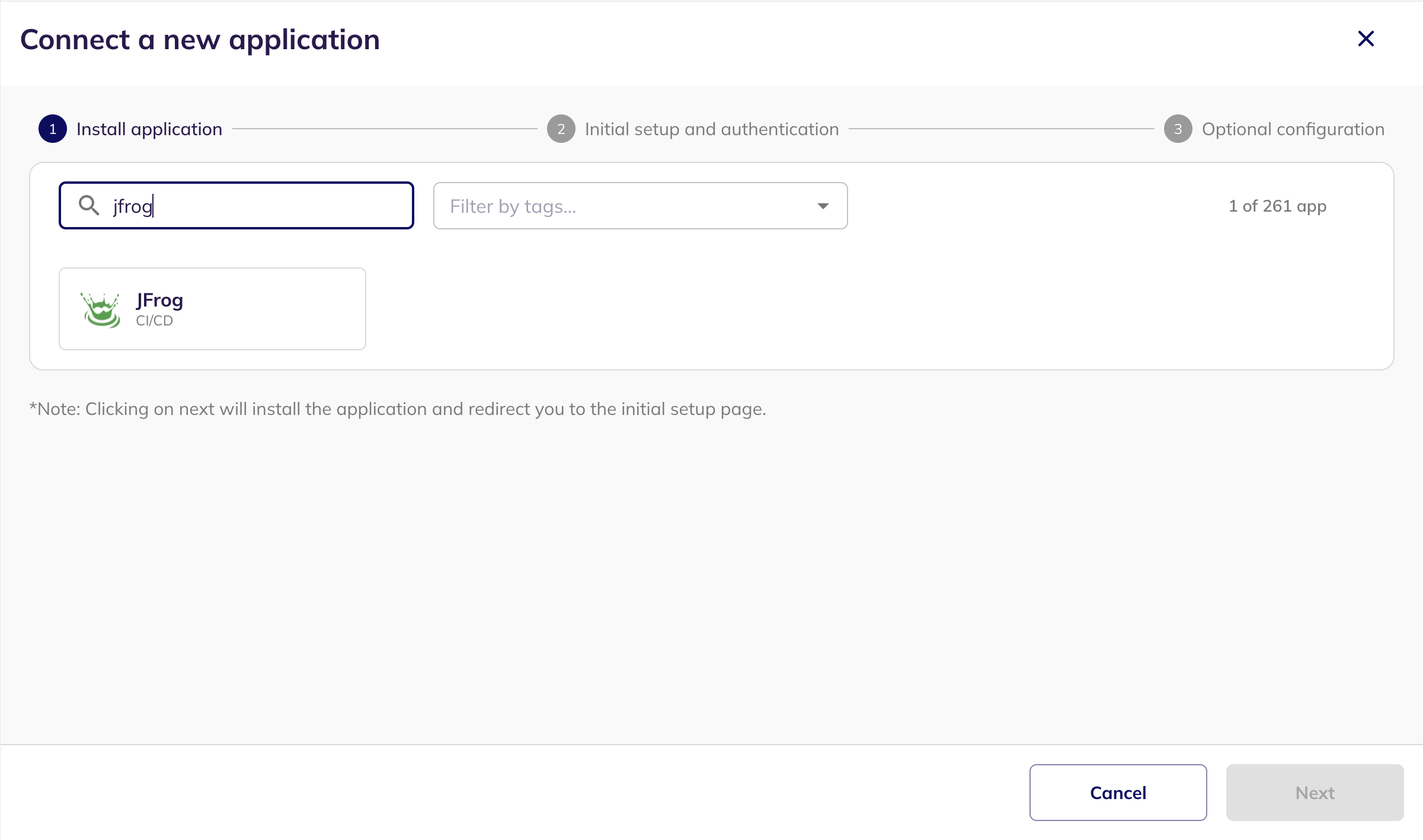 The Connect a new application step with JFrog found in the application search