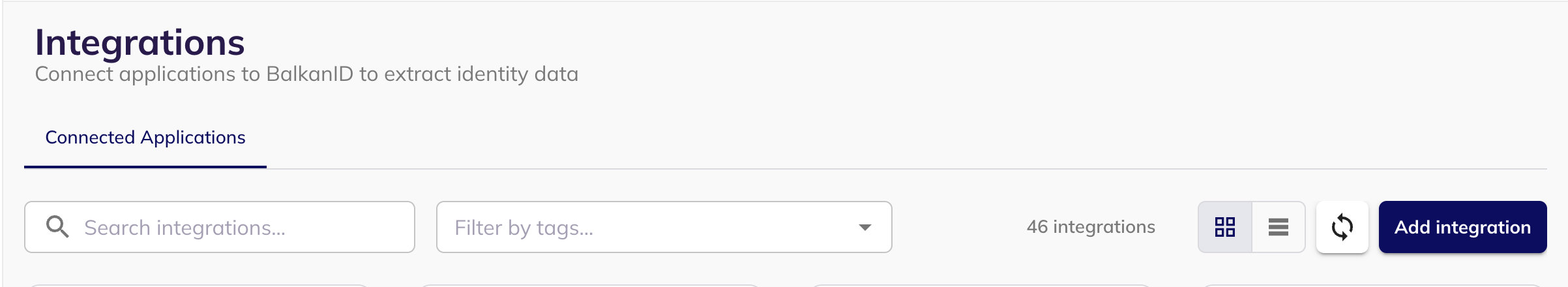 The Integrations page in BalkanID with the Add integration button in the top right