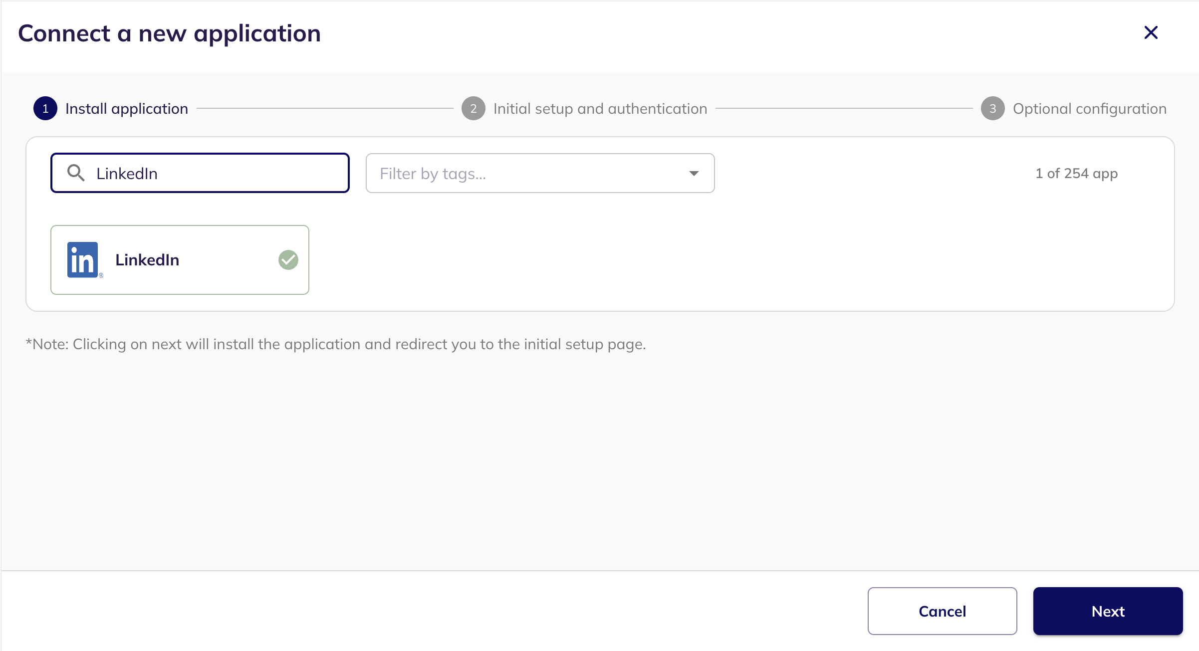 The Connect a new application step with LinkedIn selected