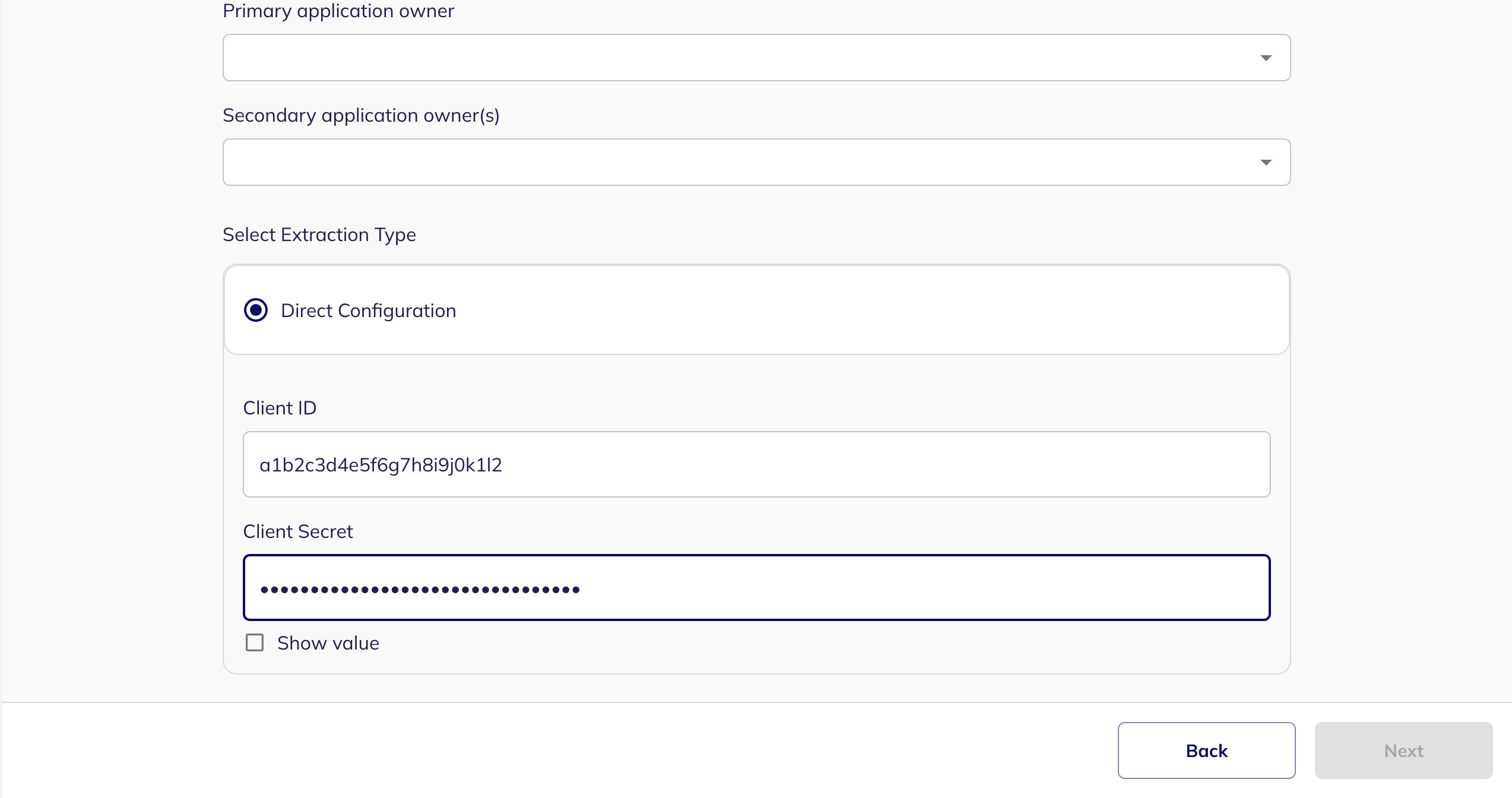 The Direct Configuration step showing the Client ID and Client Secret fields