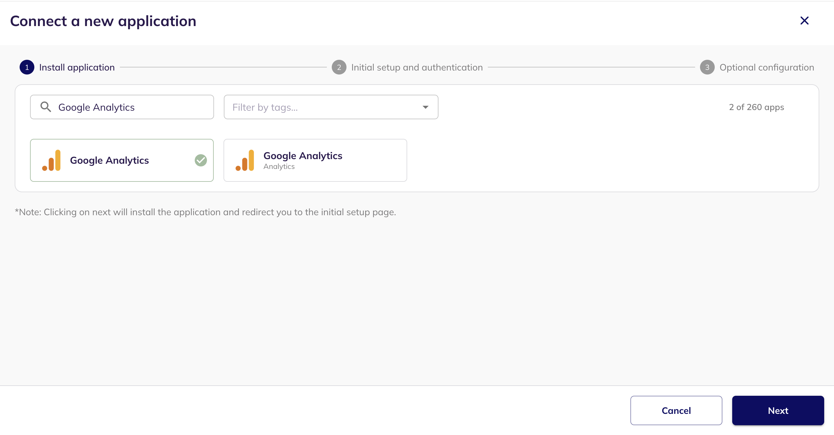 Google Analytics selected in the Connect a new application step