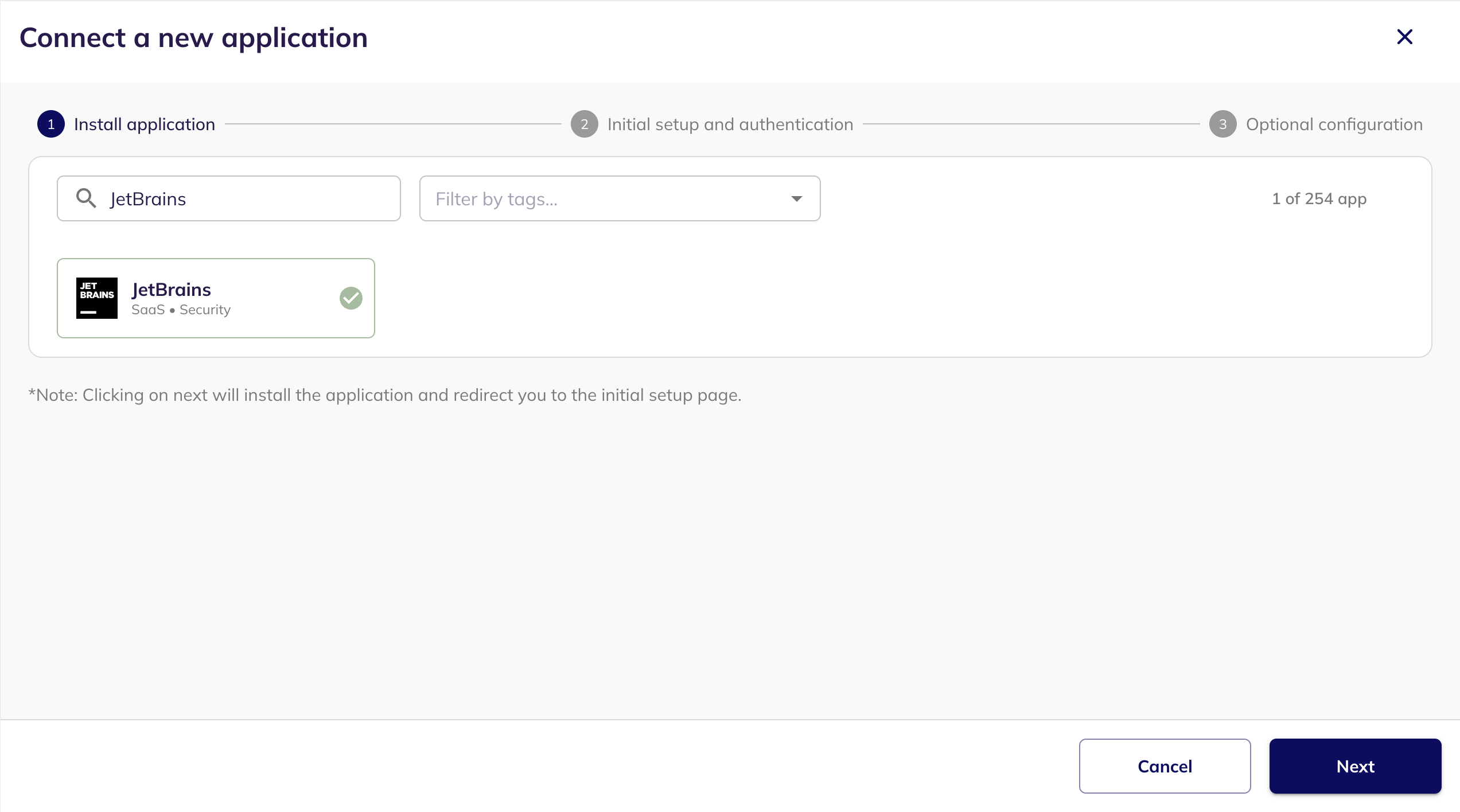 The JetBrains application selected in the Connect a new application step