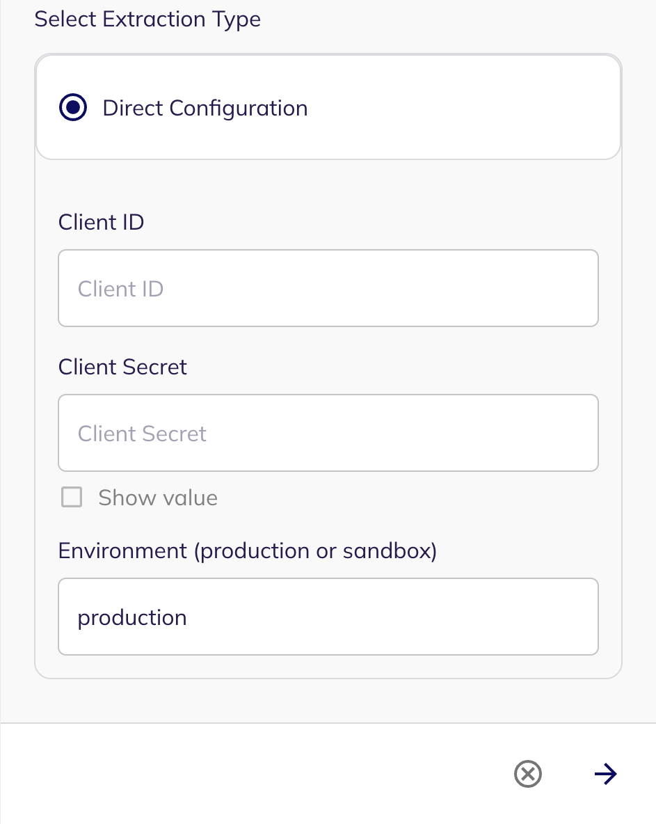 The Direct Configuration credential fields for PayPal: Client ID, Client Secret and Environment