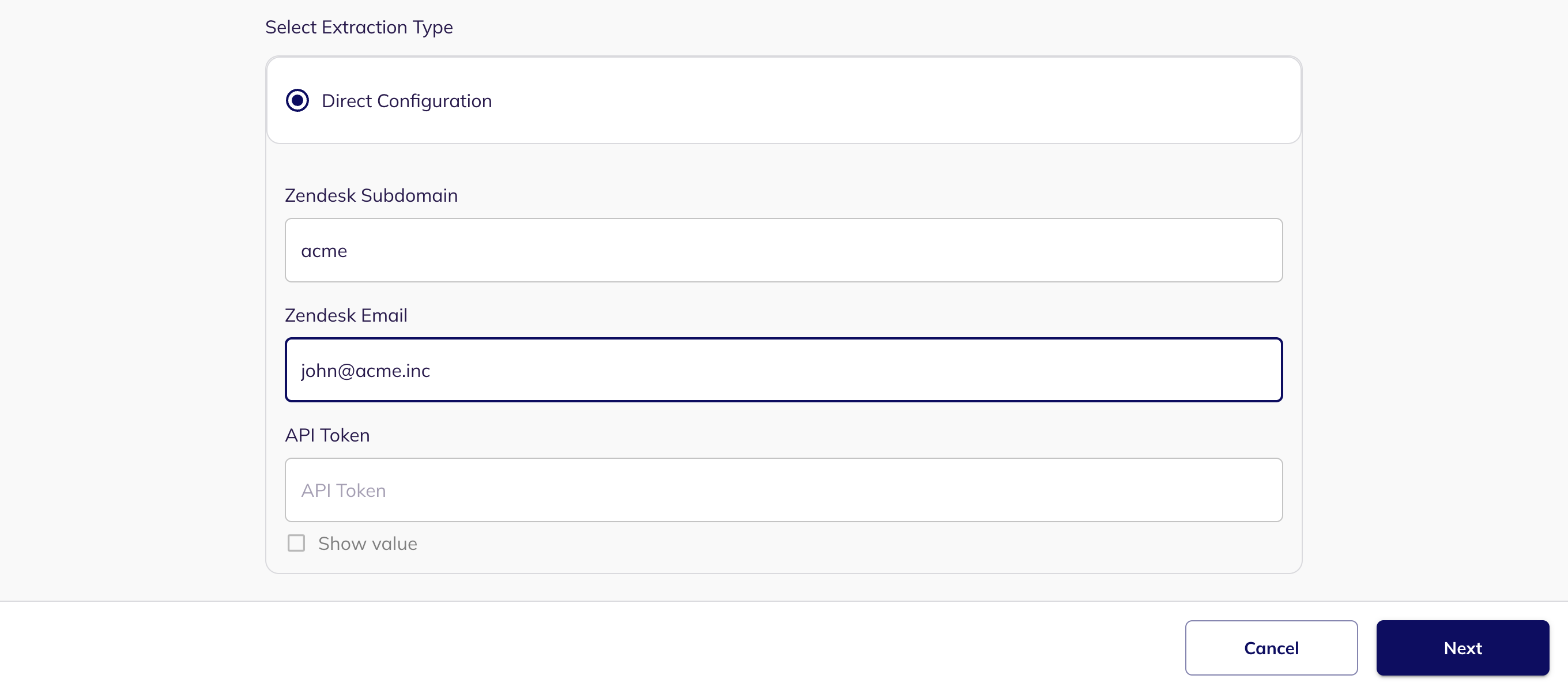 The Direct Configuration fields for Zendesk Subdomain, Zendesk Email and API Token