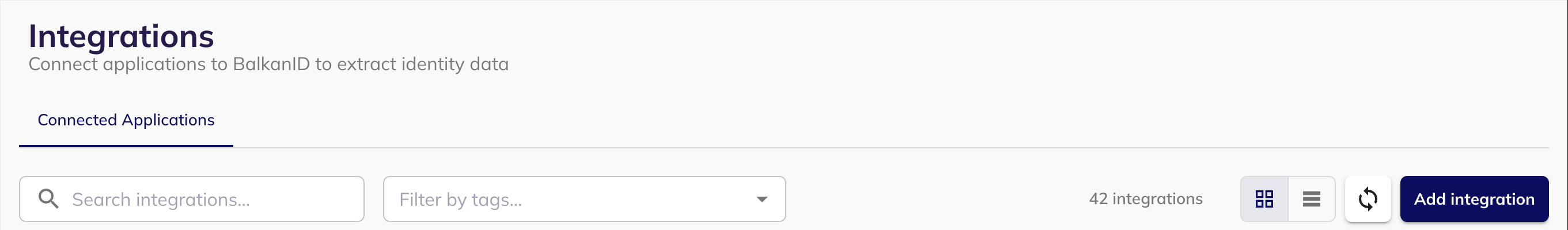 The BalkanID Integrations page with the Add integration button in the top right