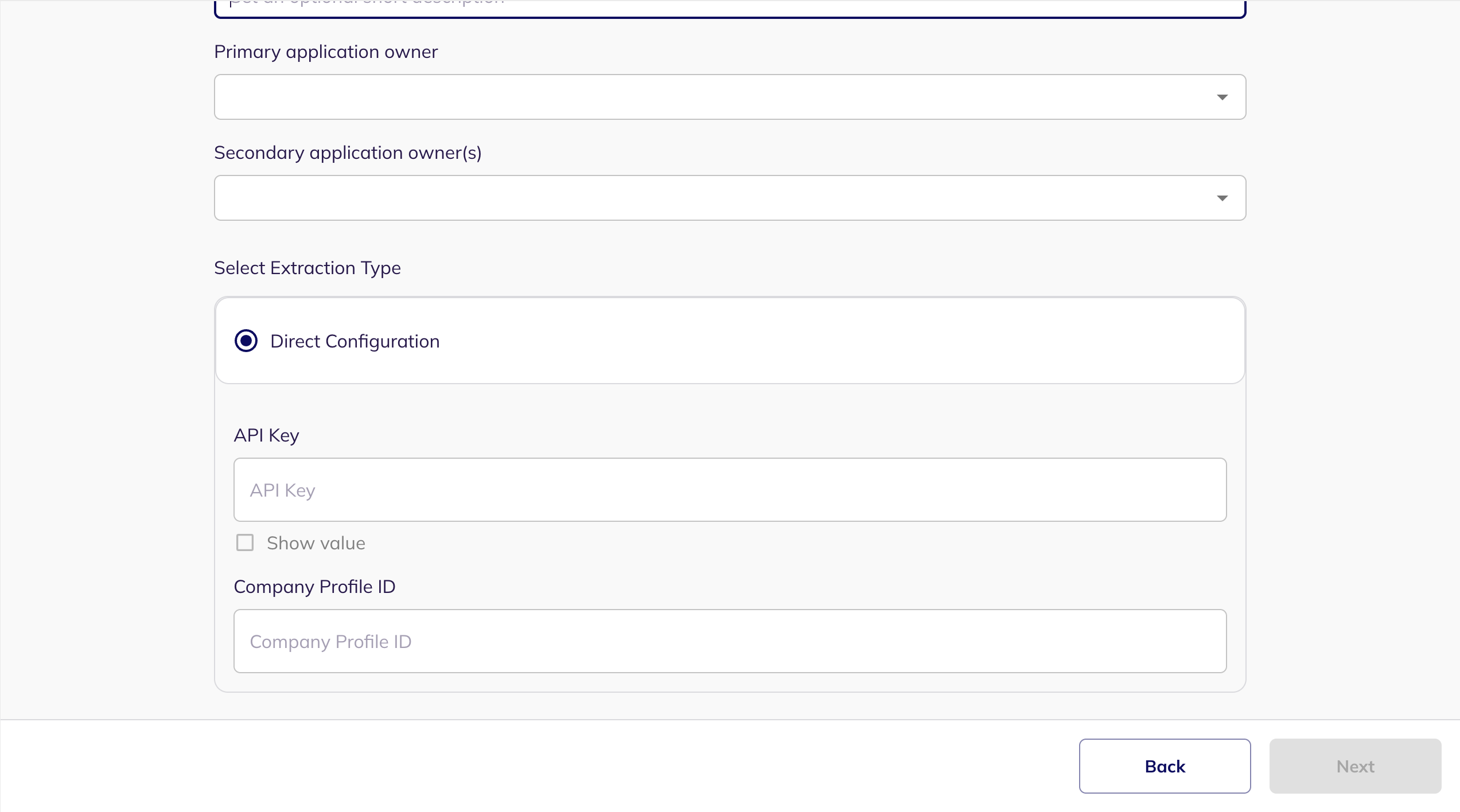 The Direct Configuration step showing the API Key and Company Profile ID fields