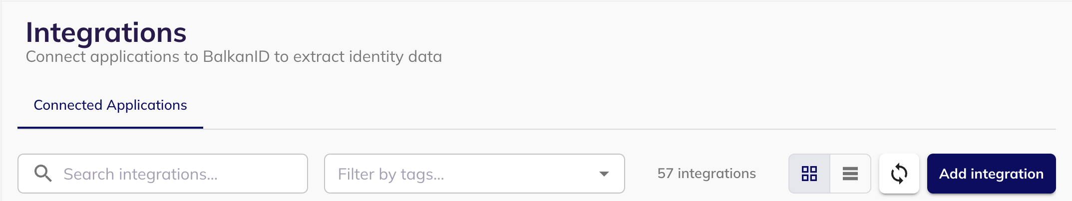 The BalkanID Integrations page with the Add integration button in the top right