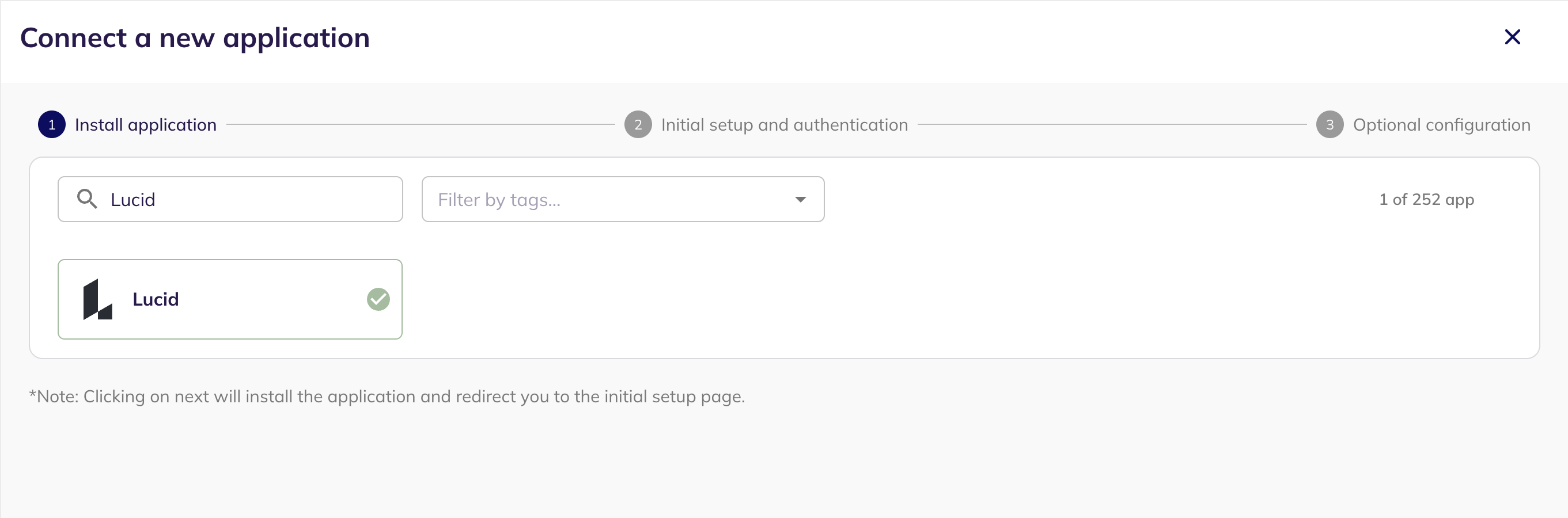 The Connect a new application step with the Lucid application selected