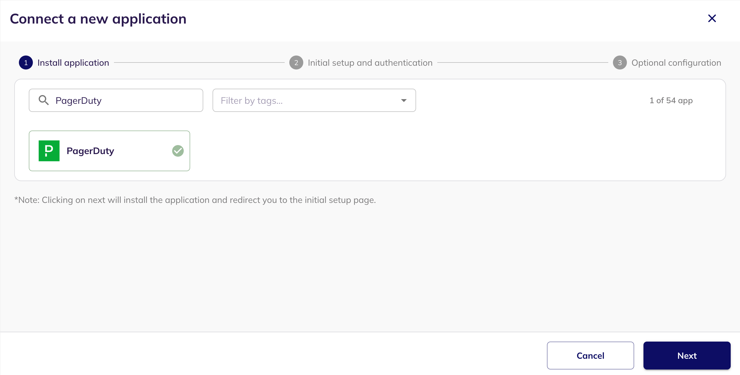 The Connect a new application step with PagerDuty selected