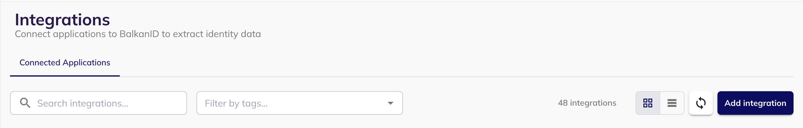 The BalkanID Integrations page with the Add integration button in the top right