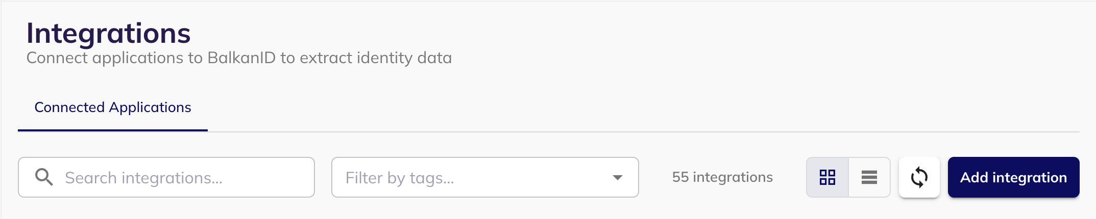 The BalkanID Integrations page with the Add integration button in the top right