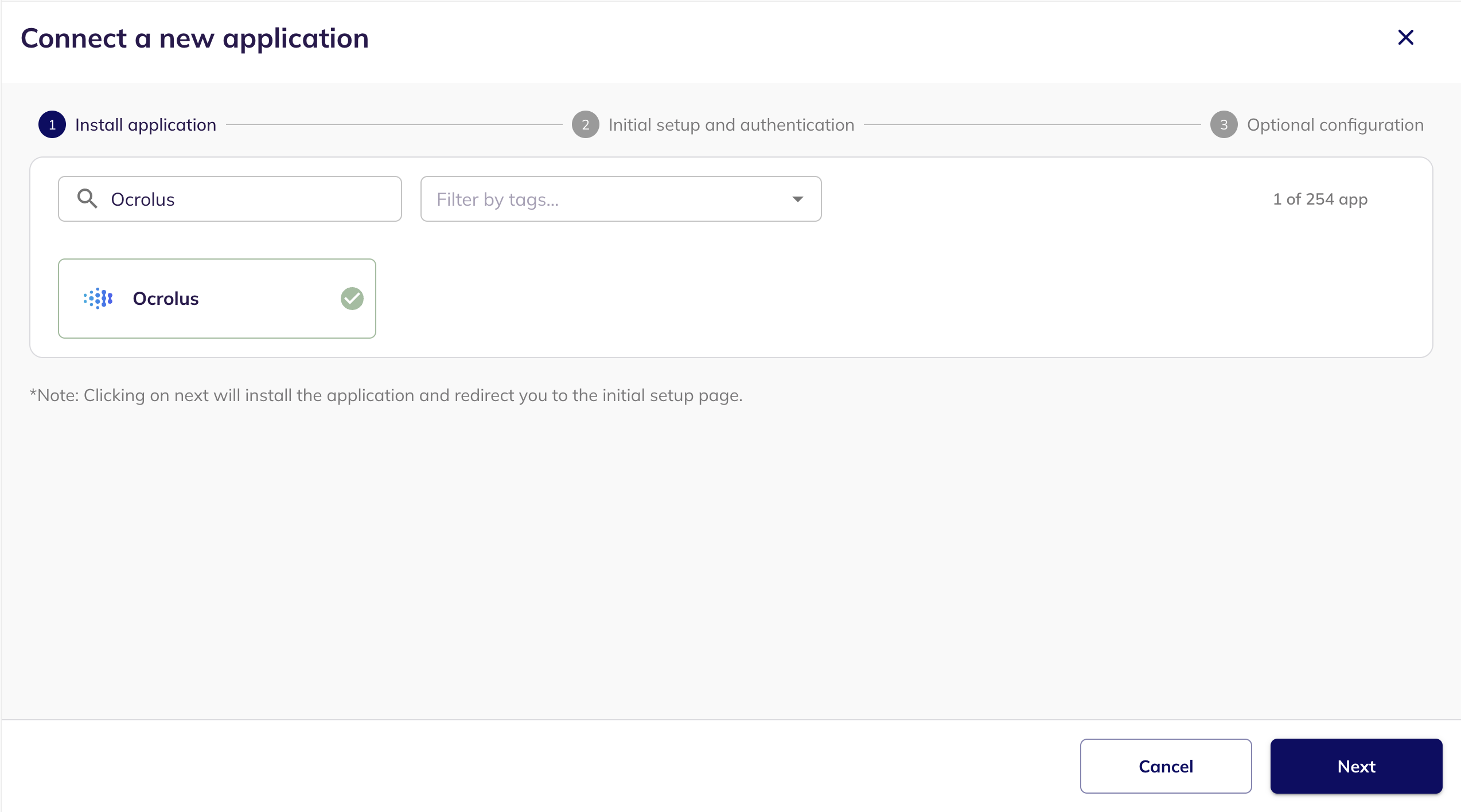 The Connect a new application step with Ocrolus searched for and selected