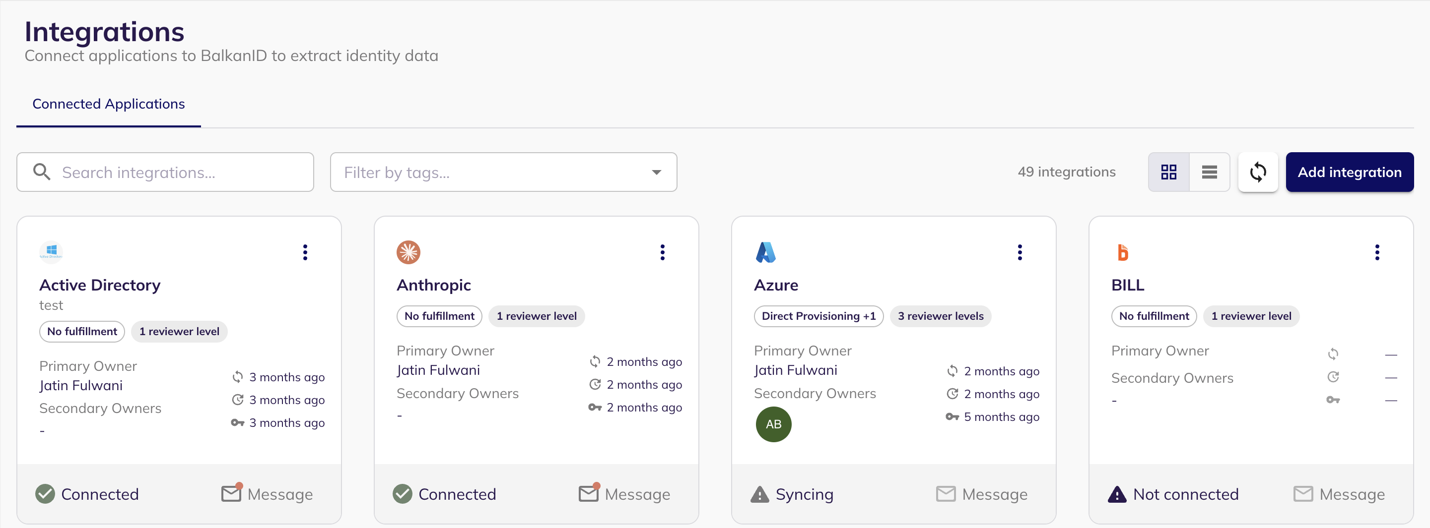 The BalkanID Integrations page with the Add integration button in the top right