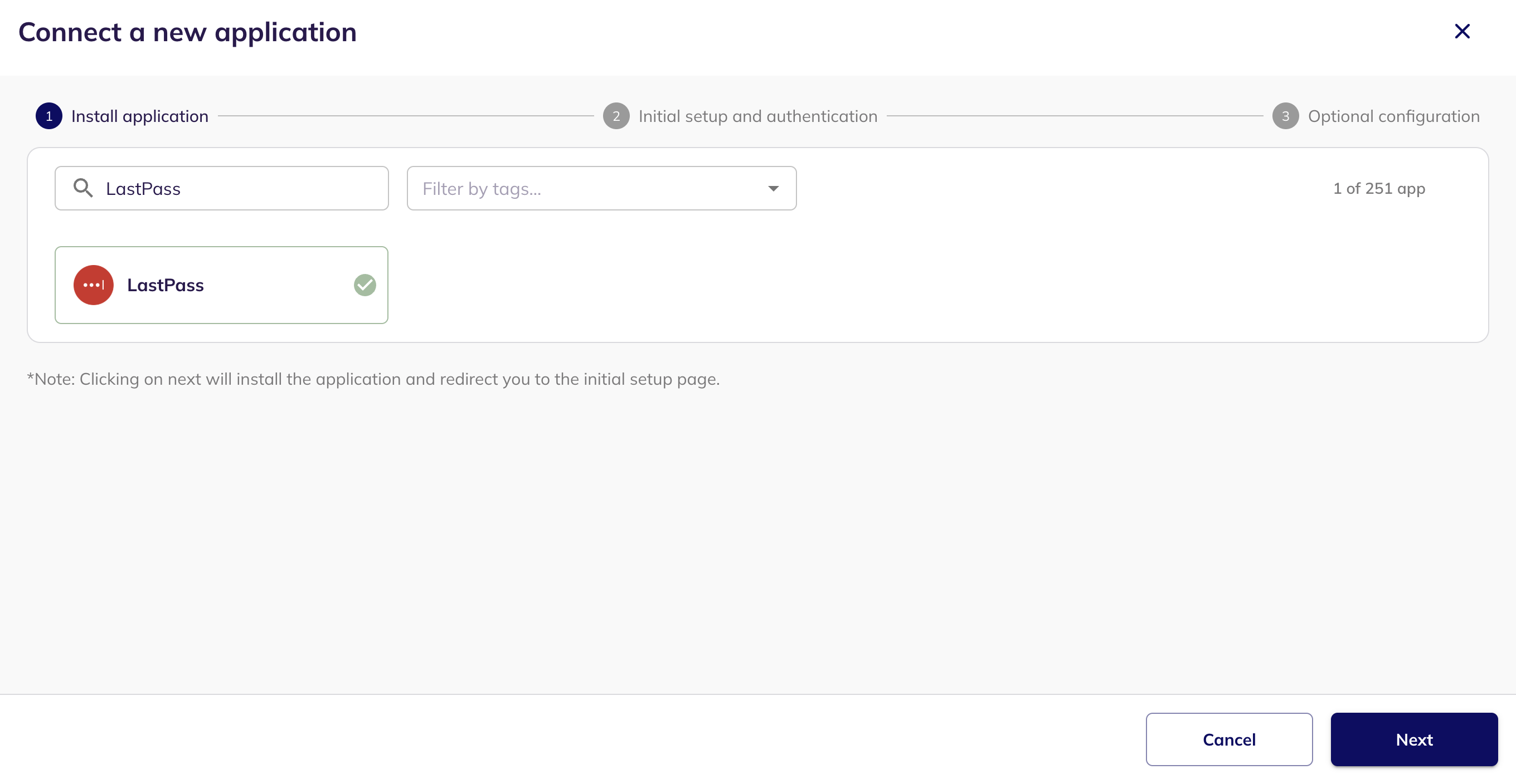 The Connect a new application step with LastPass searched for and selected