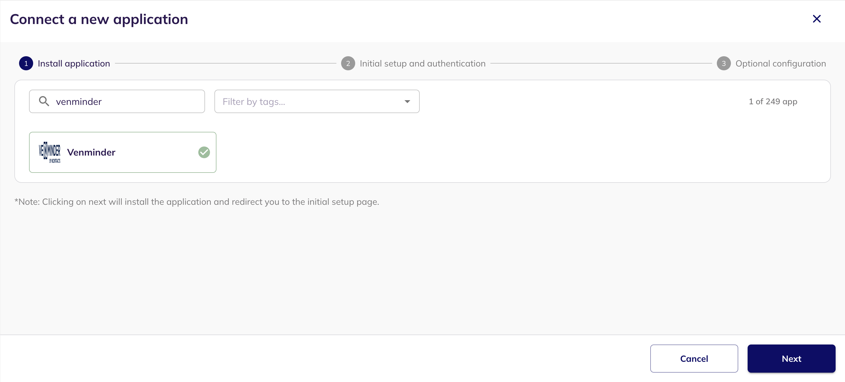 The Connect a new application step with Venminder selected