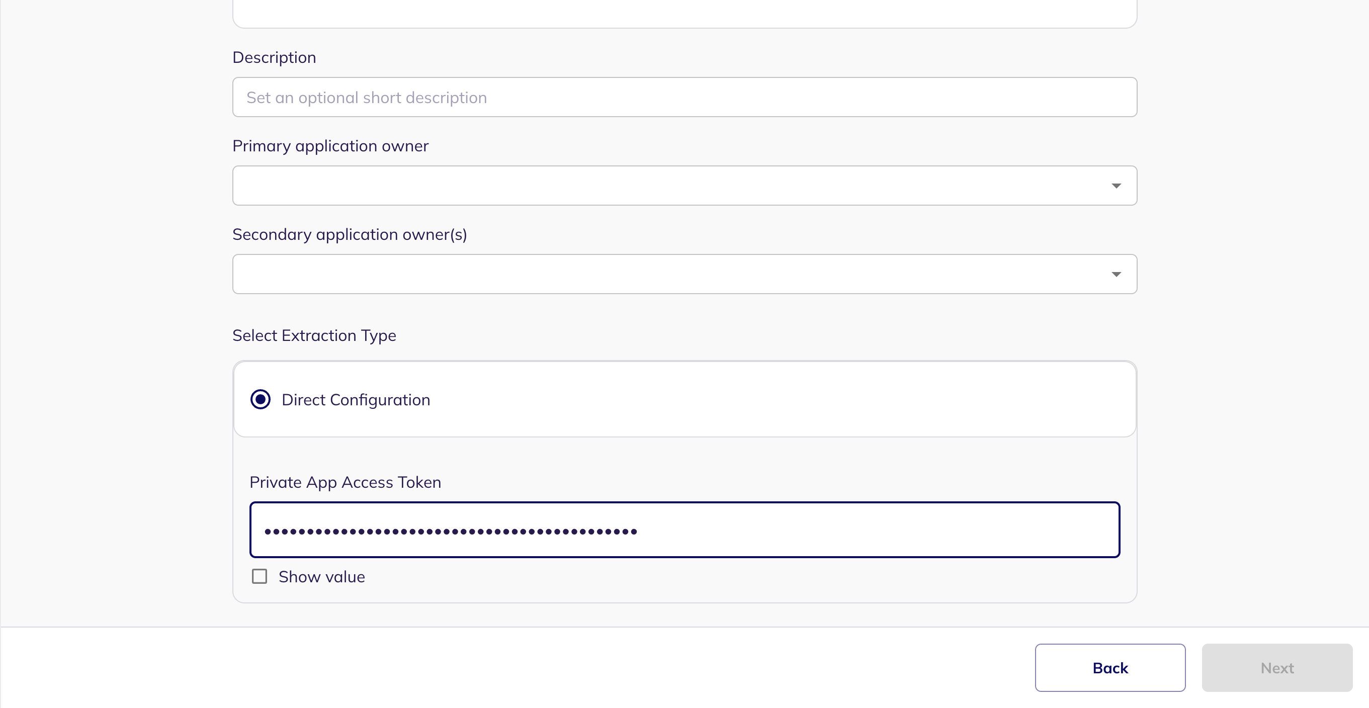 The Direct Configuration extraction type with the Private App Access Token field filled in and masked