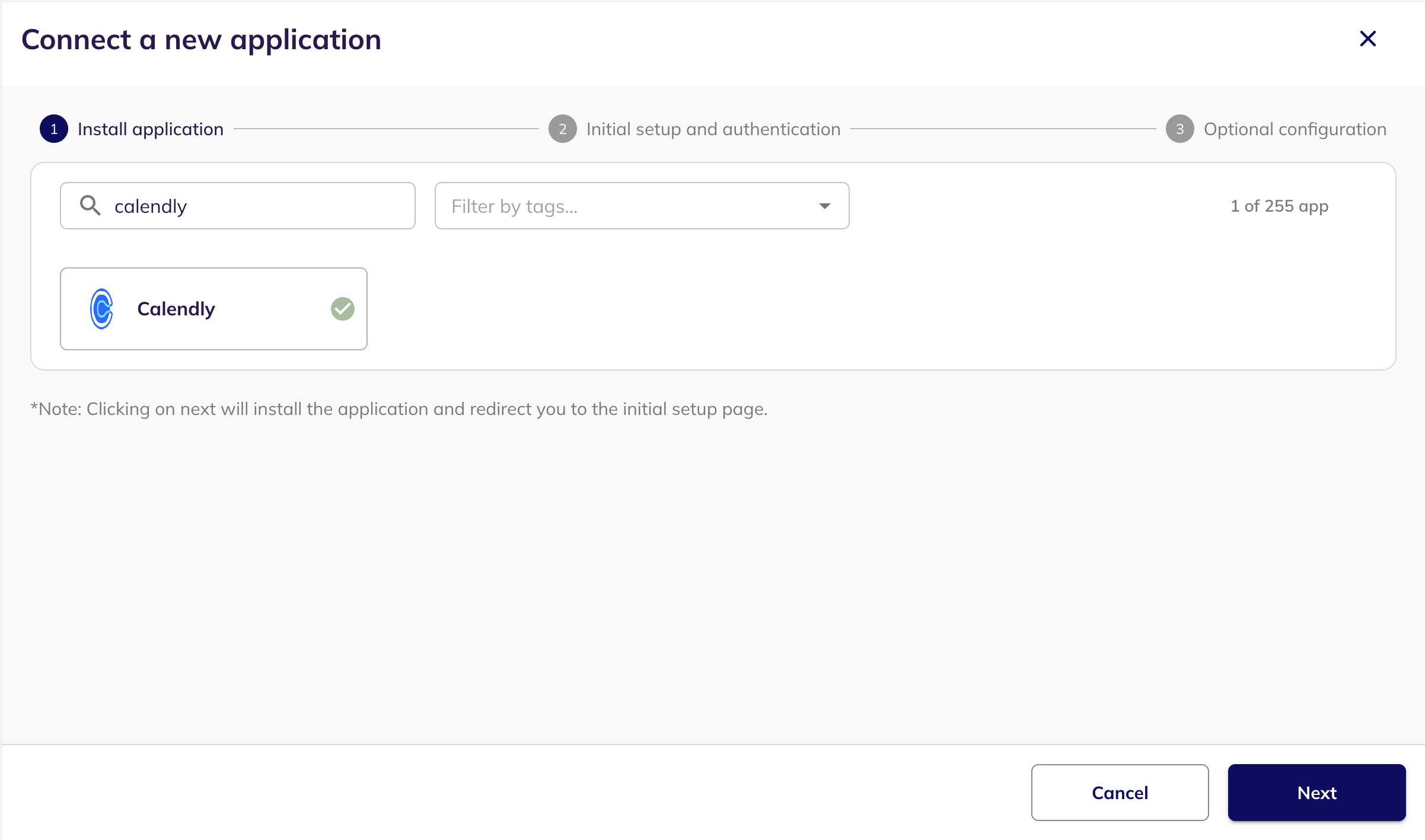 The Connect a new application step with Calendly selected