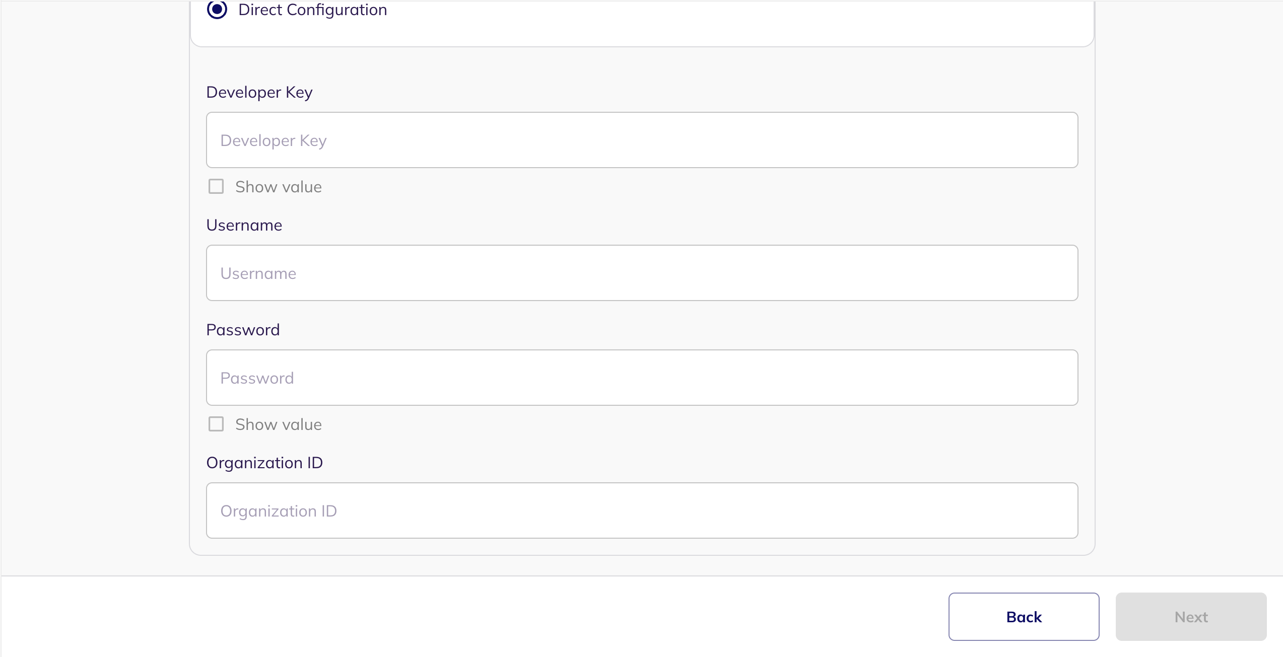 The Direct Configuration fields for BILL: Developer Key, Username, Password and Organization ID