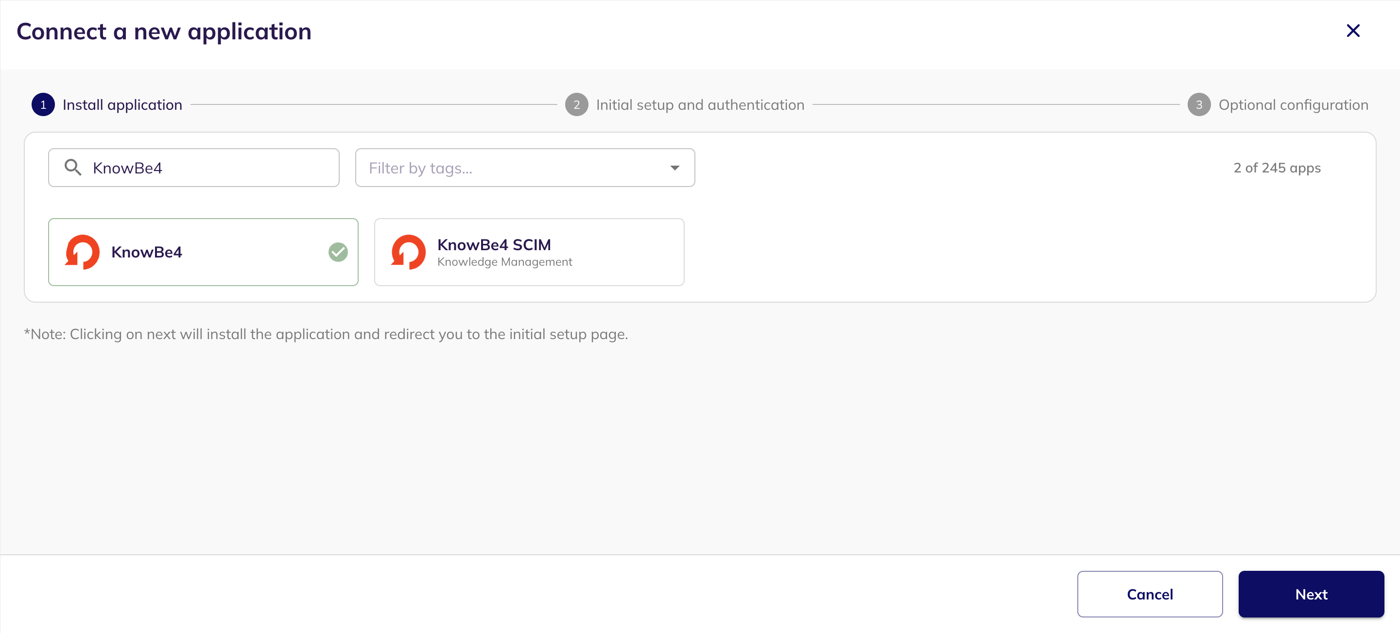 The Connect a new application step with KnowBe4 selected and a checkmark against it