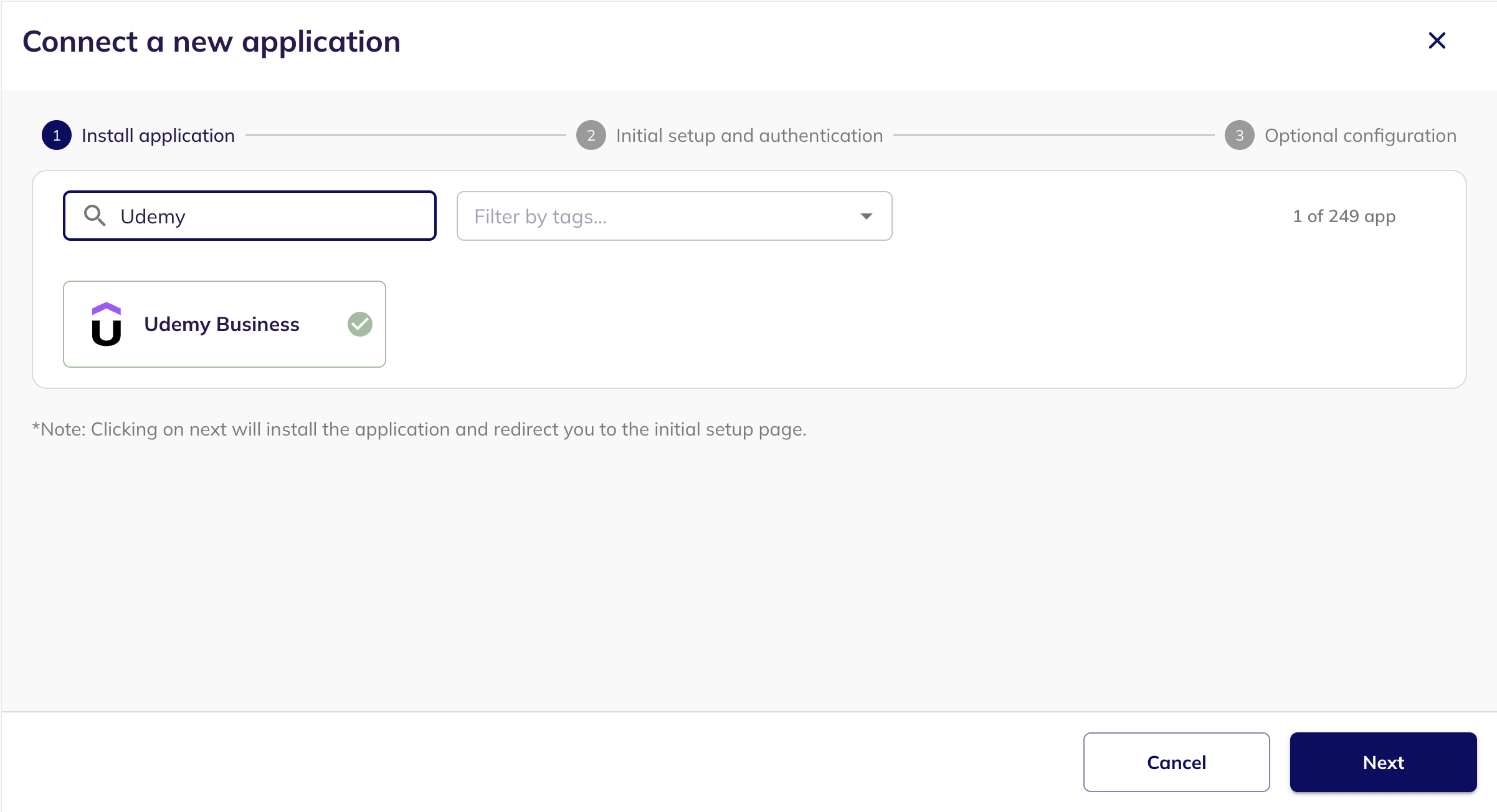 The Connect a new application step with Udemy Business selected