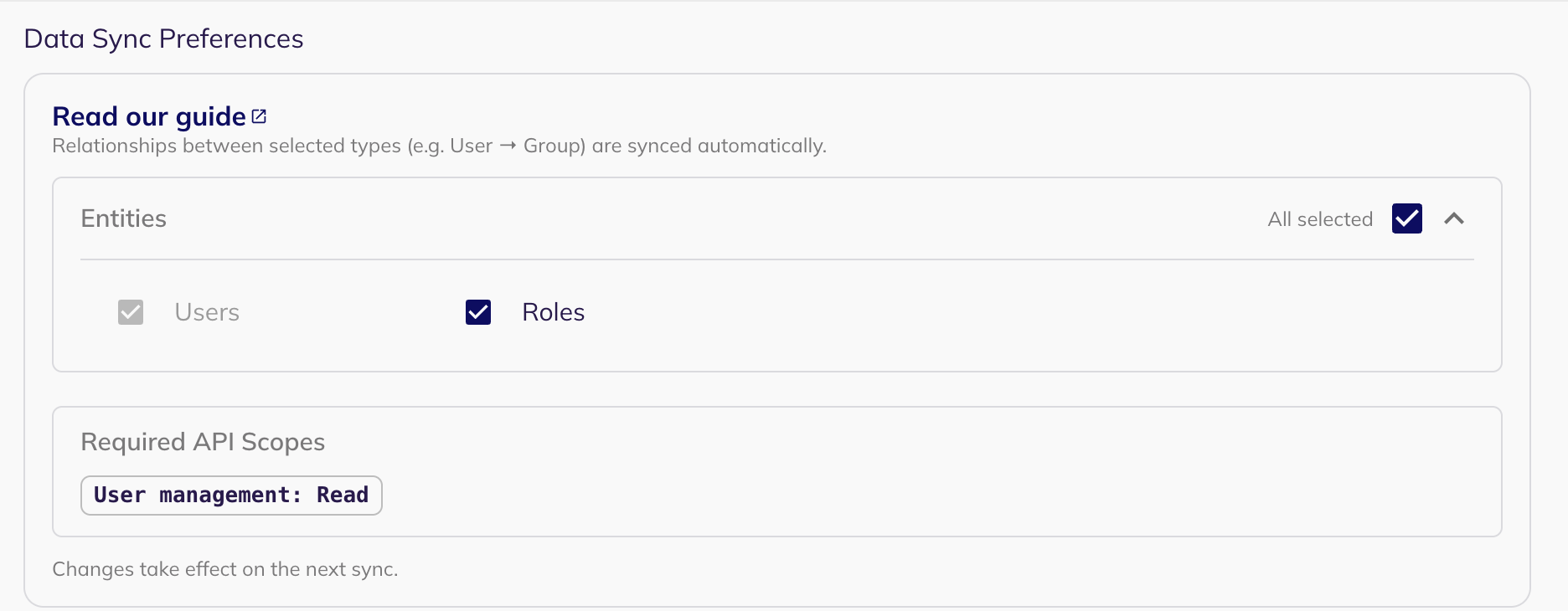 The Data Sync Preferences panel showing the Users and Roles entity types and the required API scope