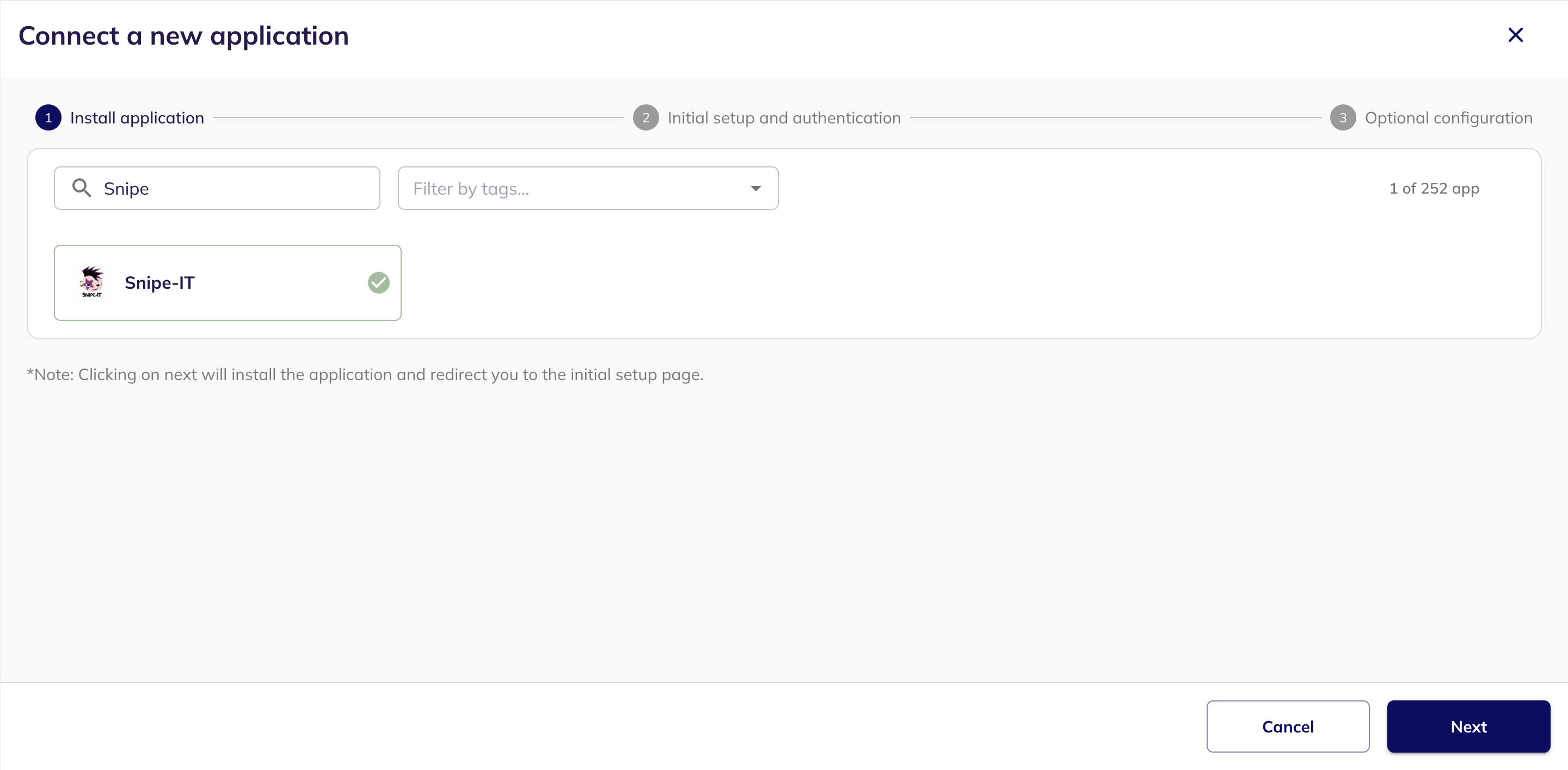 Snipe-IT selected in the Connect a new application step
