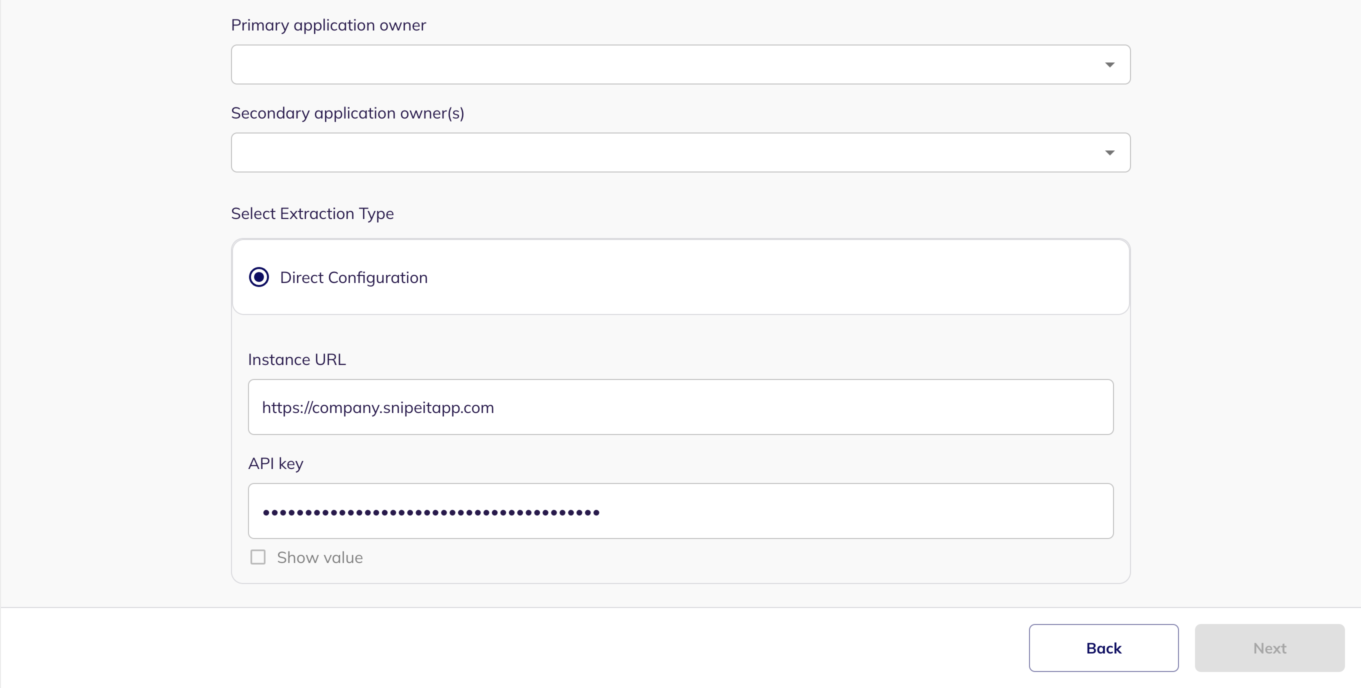 The Direct Configuration fields for Instance URL and API key