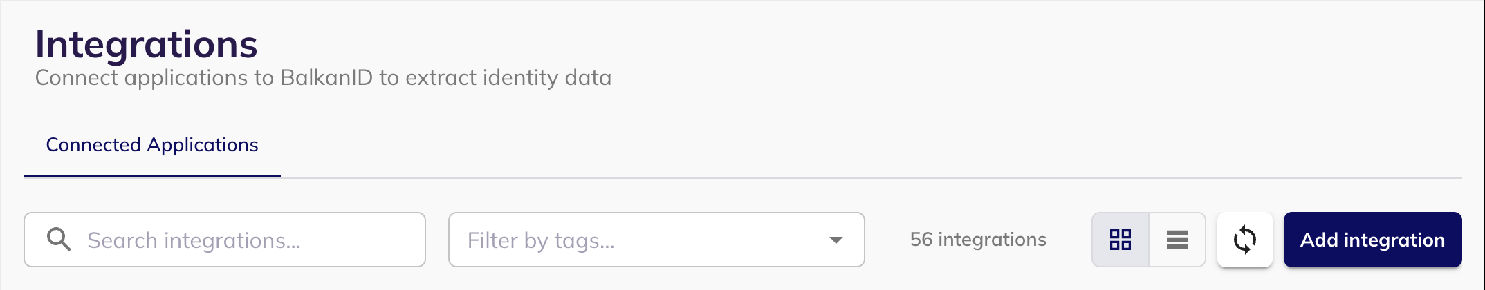 The BalkanID Integrations page with the Add integration button in the top right