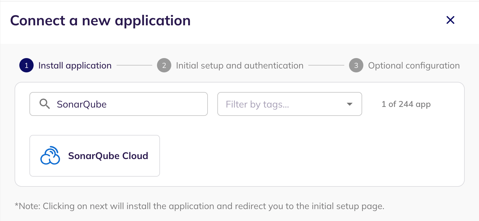 The Connect a new application step with SonarQube Cloud found by search and shown as a selectable card