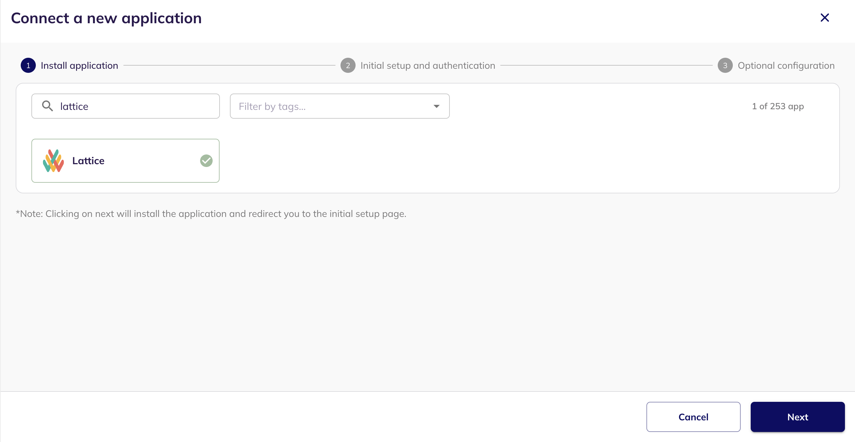 Step one of the Connect a new application wizard, with Lattice found by search and selected
