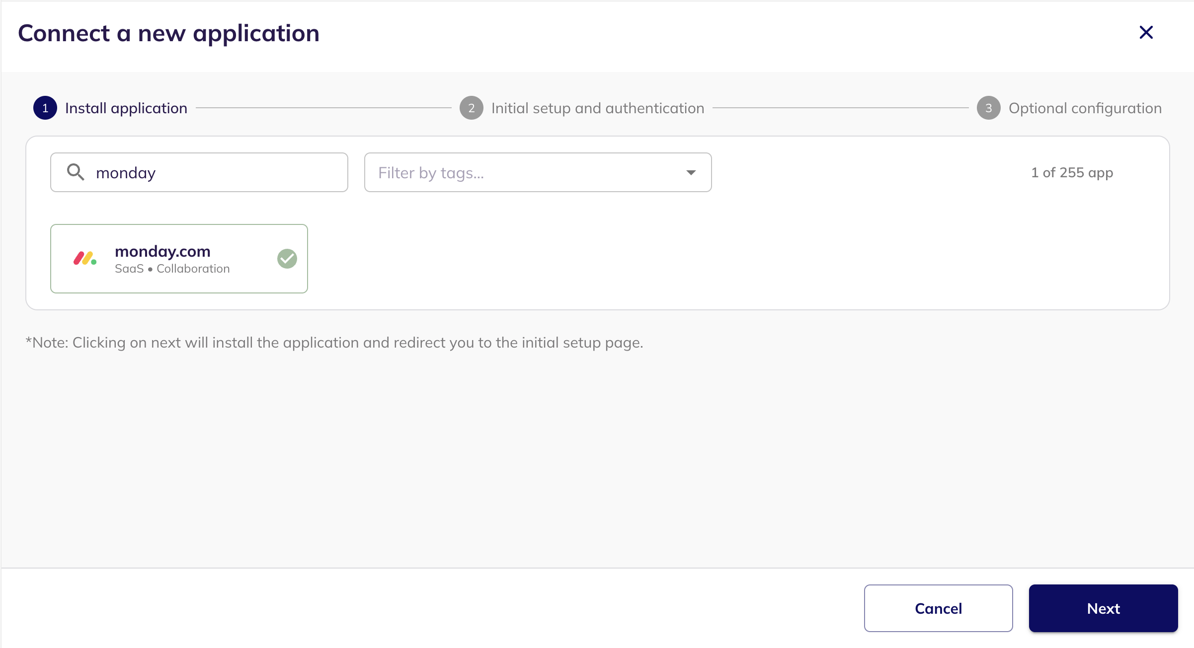 The Connect a new application step with monday.com selected