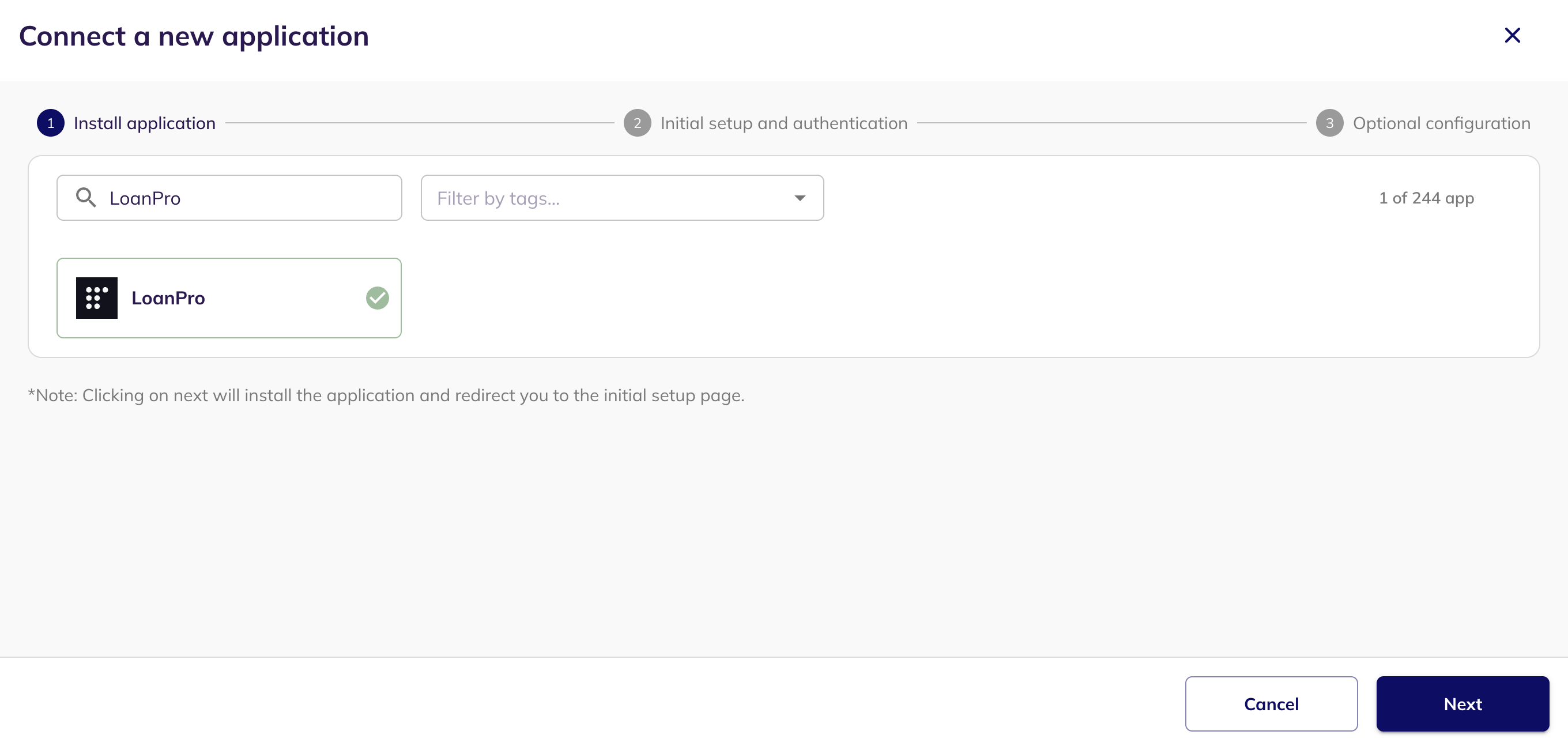 The Connect a new application step with LoanPro found and selected