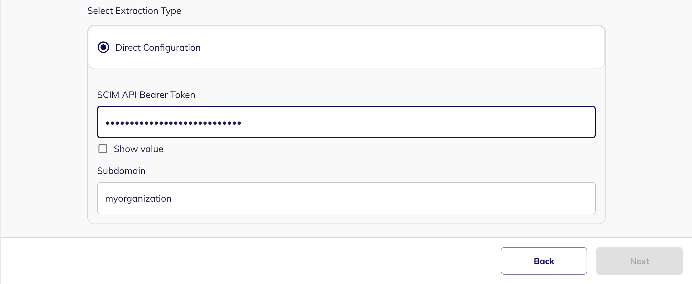 The Direct Configuration fields for SCIM API Bearer Token and Subdomain