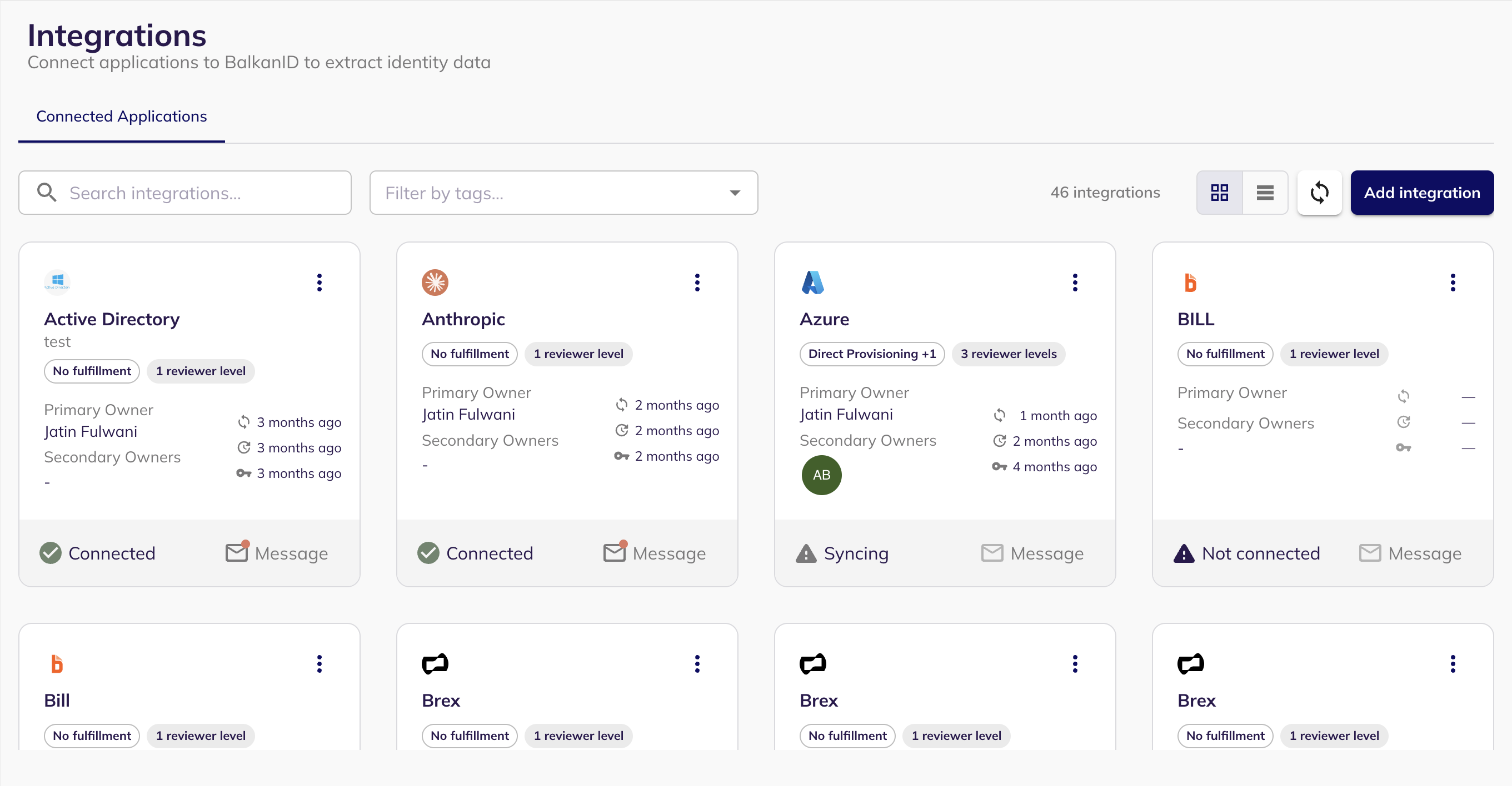 The BalkanID Integrations page with the Add integration button in the top right